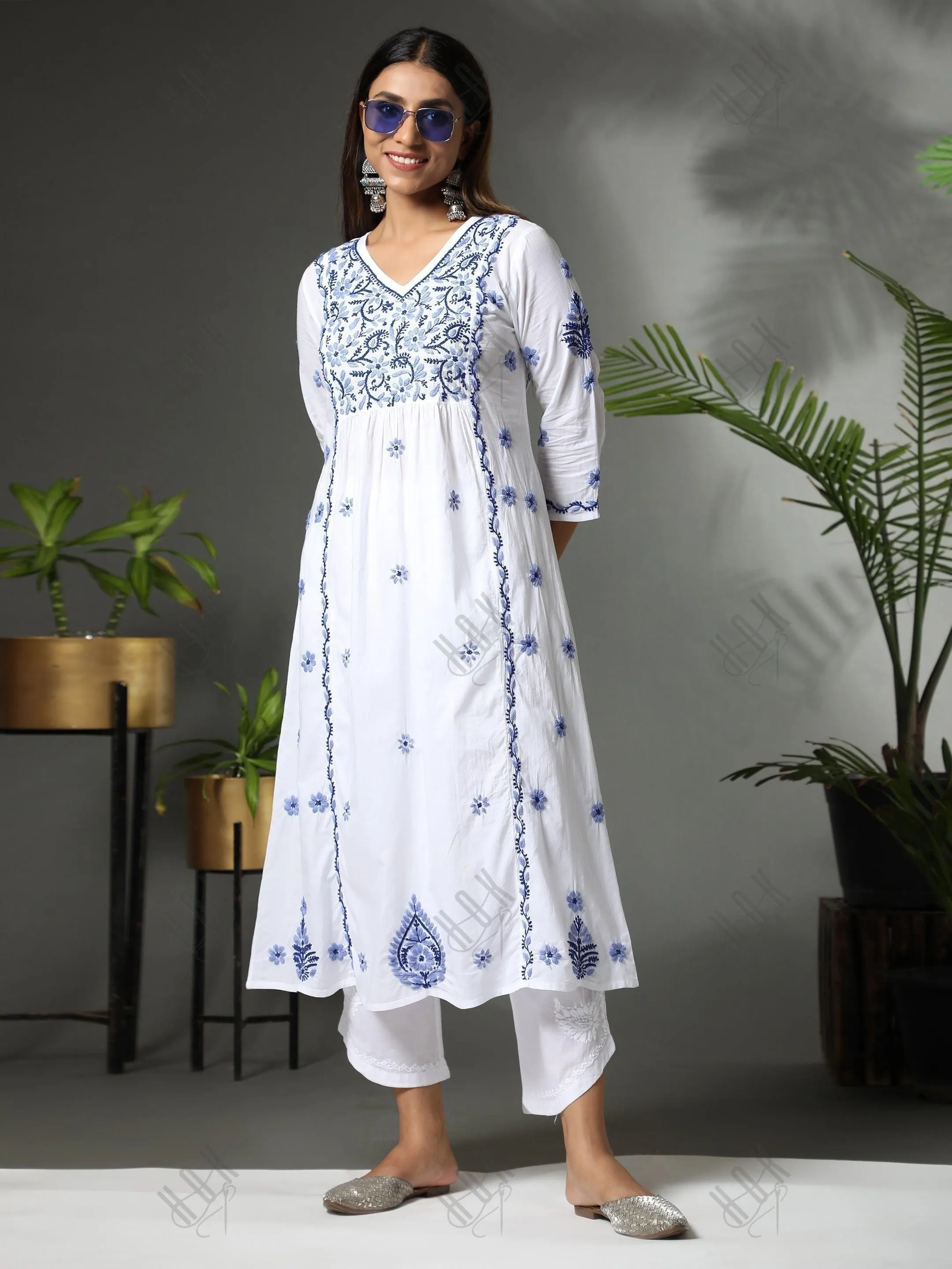 Hand embroidery Chikankari V neck Anarkali Dress | Long Kurti in Cotton For Women