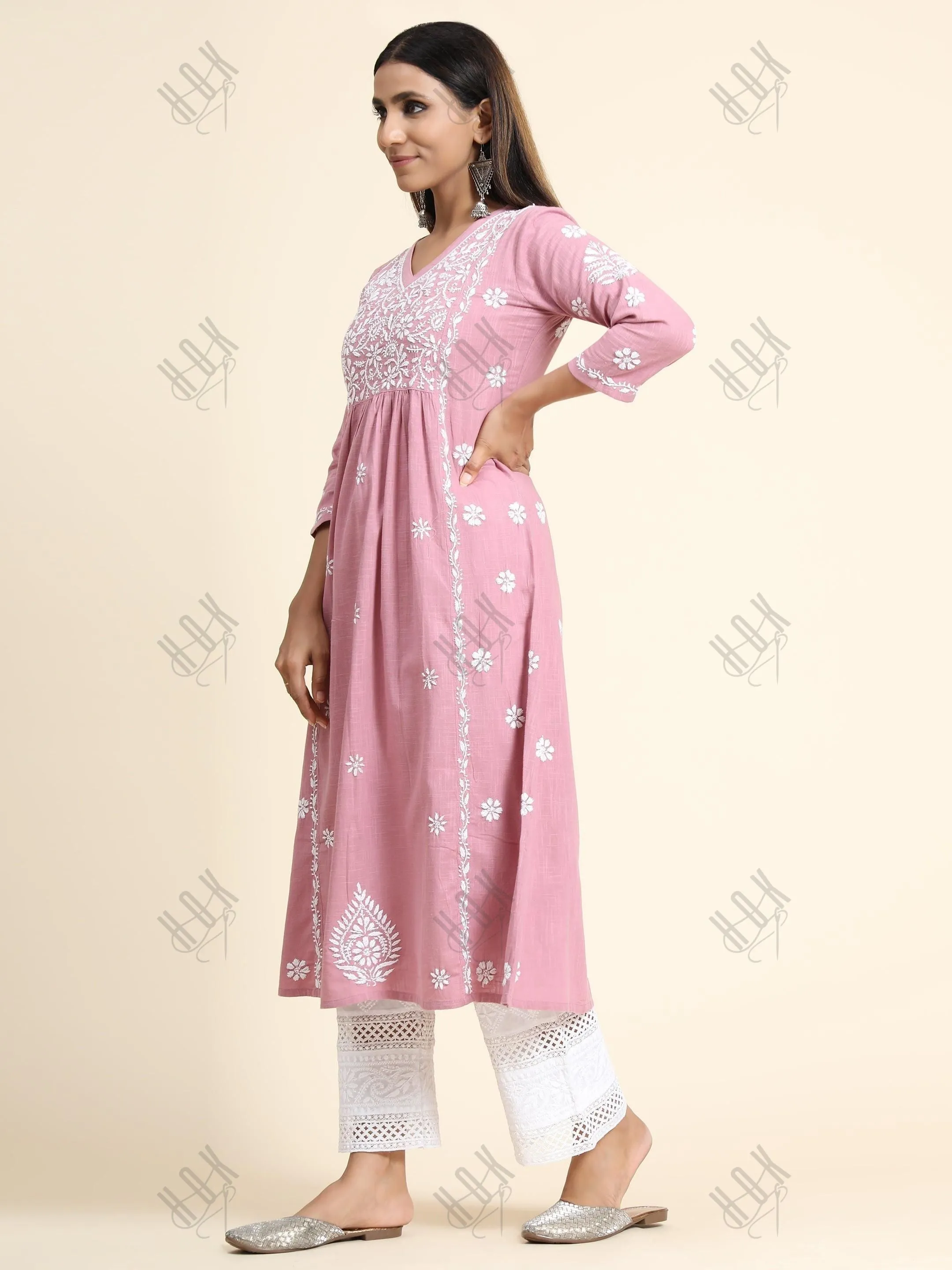 Hand embroidery Chikankari V neck Anarkali Dress | Long Kurti in Cotton For Women