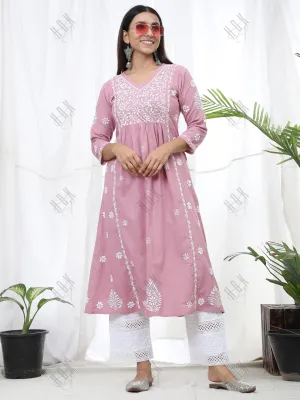 Hand embroidery Chikankari V neck Anarkali Dress | Long Kurti in Cotton For Women