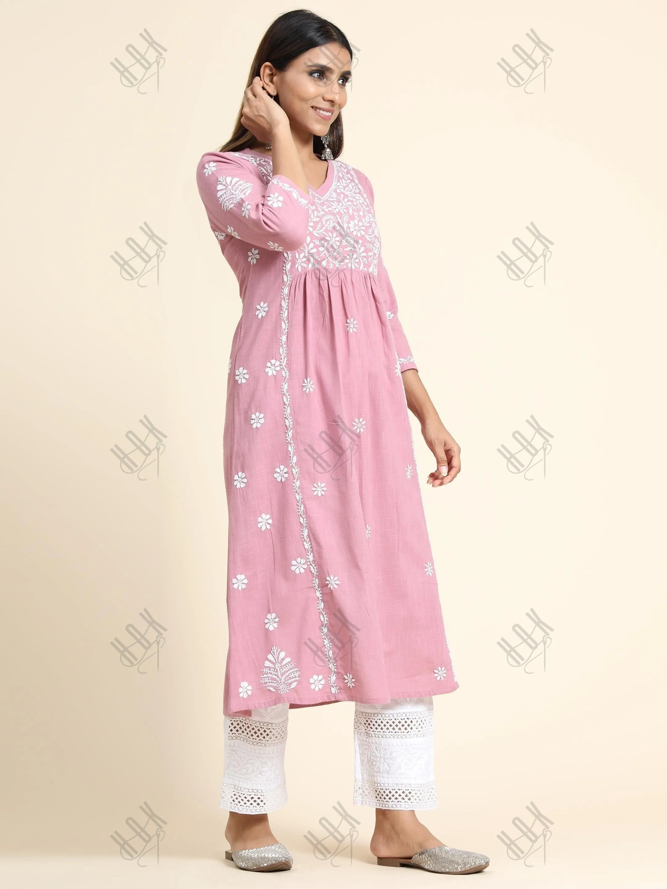 Hand embroidery Chikankari V neck Anarkali Dress | Long Kurti in Cotton For Women