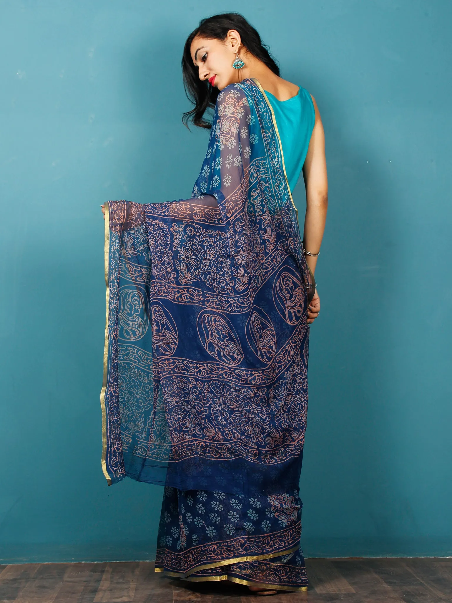 Indigo Sky Blue Coral Hand Block Printed Chiffon Saree with Zari Border - S031702818