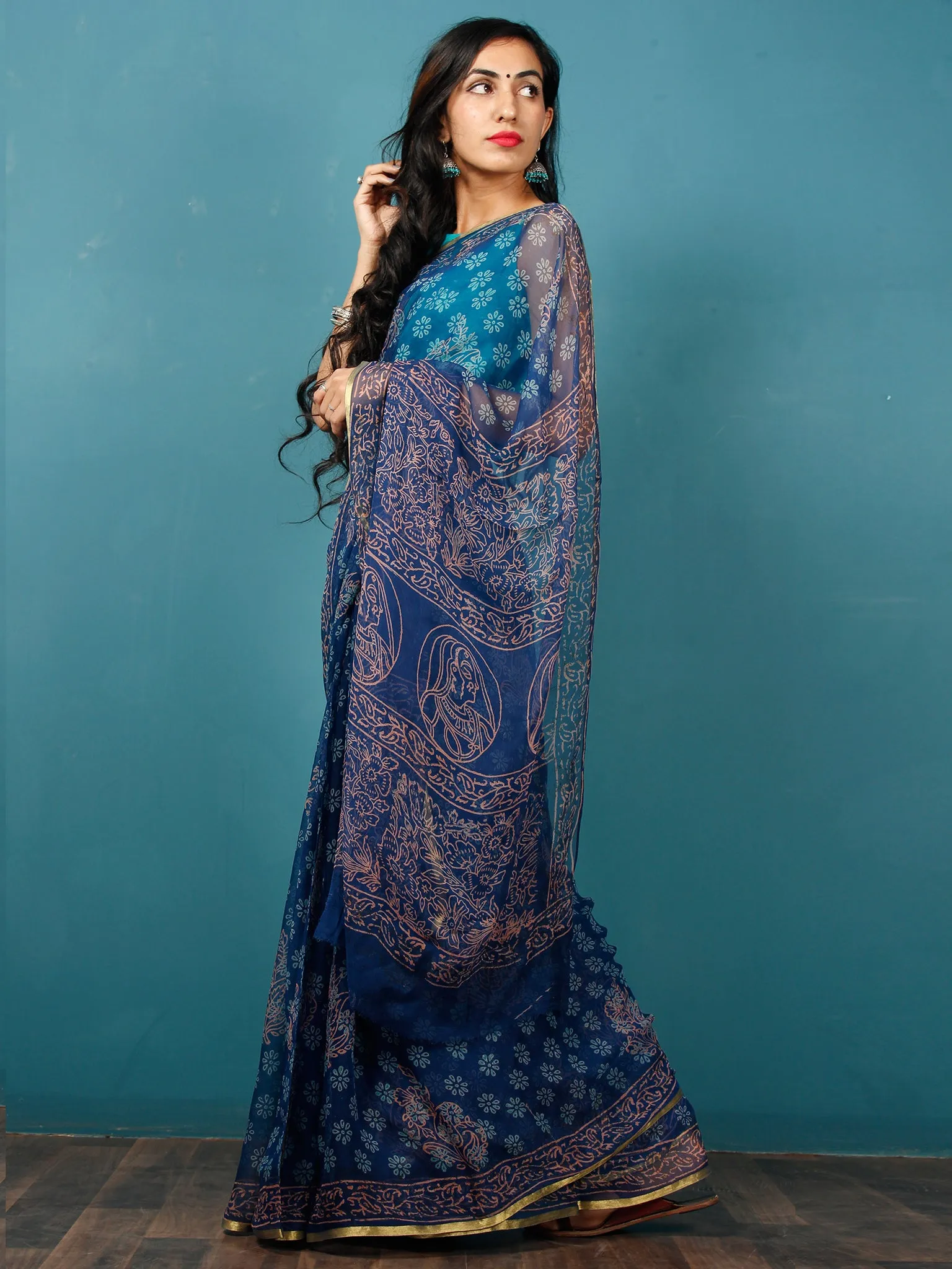 Indigo Sky Blue Coral Hand Block Printed Chiffon Saree with Zari Border - S031702818