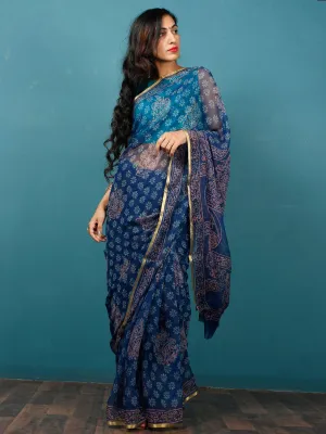 Indigo Sky Blue Coral Hand Block Printed Chiffon Saree with Zari Border - S031702818