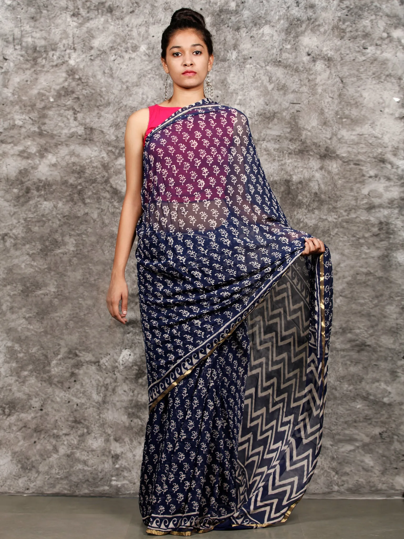 Indigo White Hand Block Printed Chiffon Saree with Zari Border - S031703163