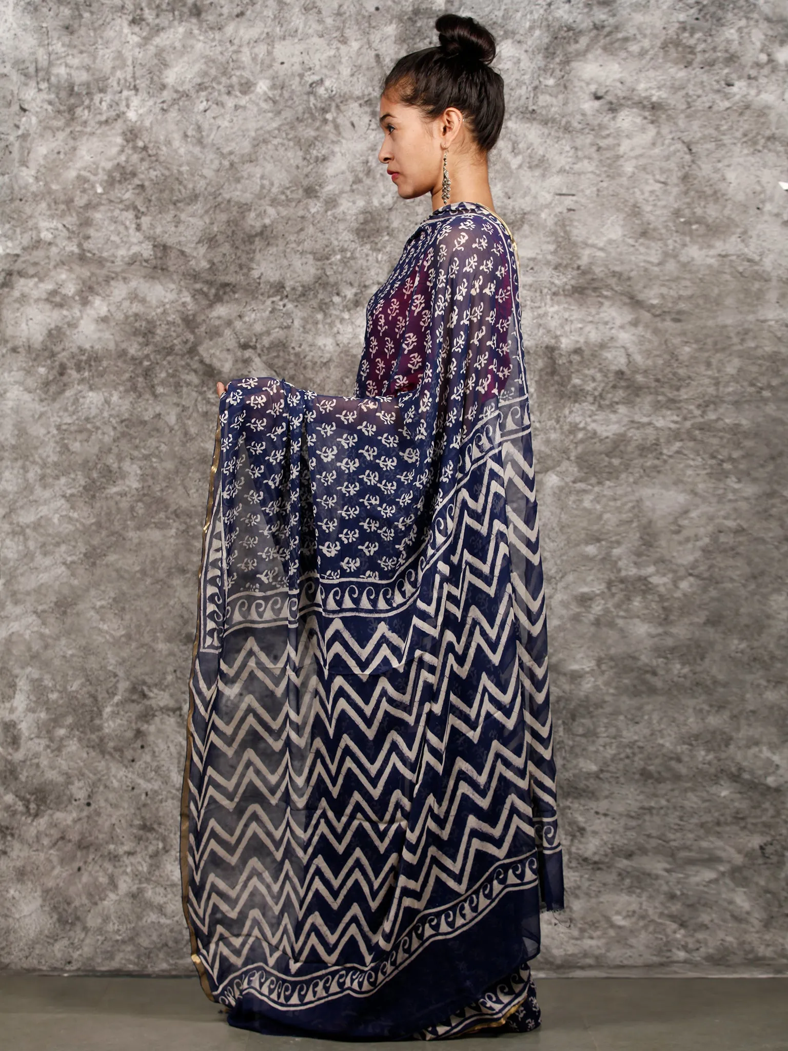 Indigo White Hand Block Printed Chiffon Saree with Zari Border - S031703163