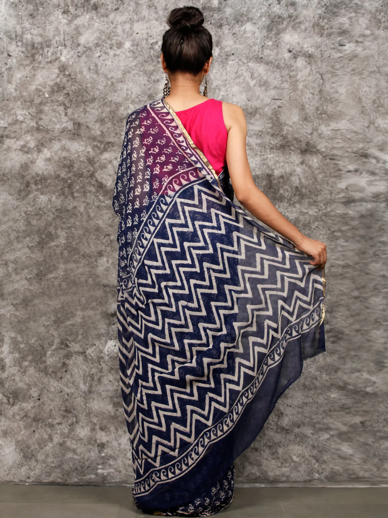 Indigo White Hand Block Printed Chiffon Saree with Zari Border - S031703163