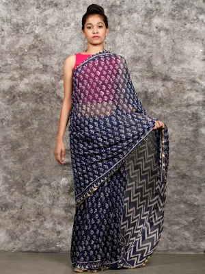 Indigo White Hand Block Printed Chiffon Saree with Zari Border - S031703163