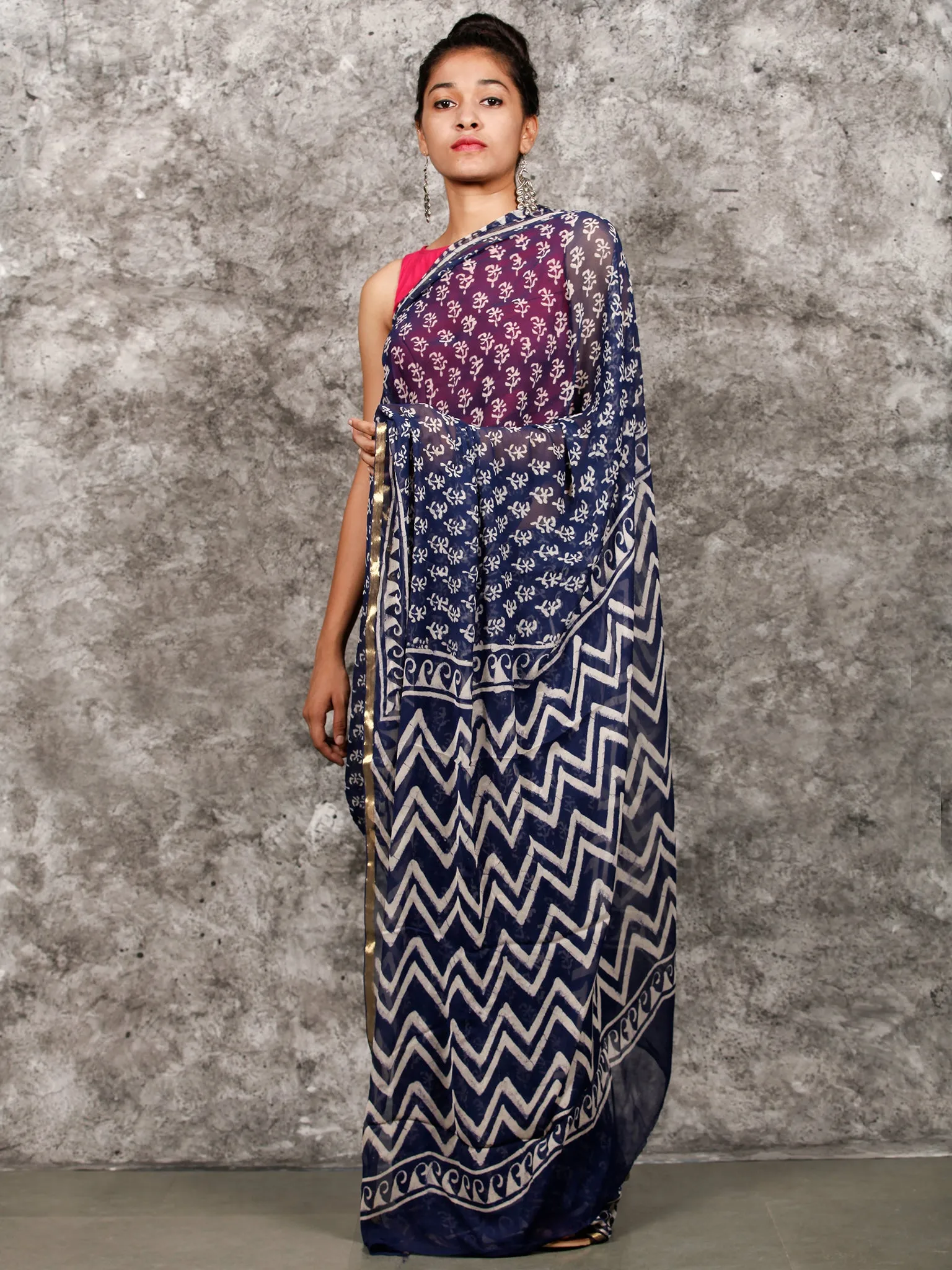 Indigo White Hand Block Printed Chiffon Saree with Zari Border - S031703163