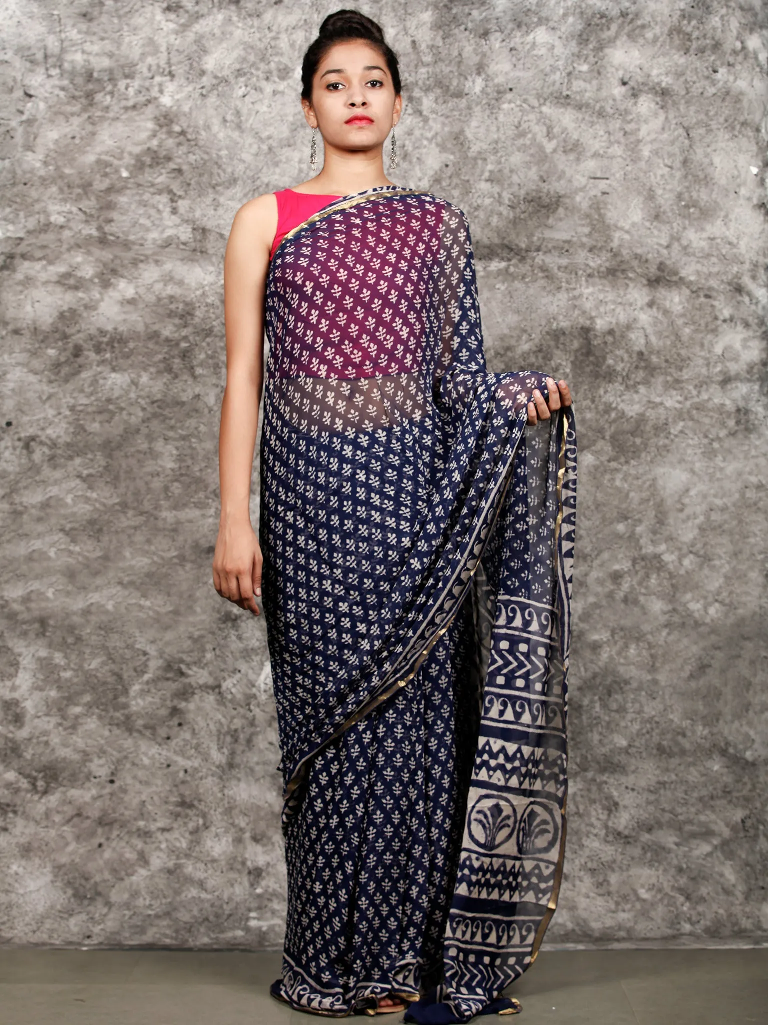 Indigo White Hand Block Printed Chiffon Saree with Zari Border - S031703164