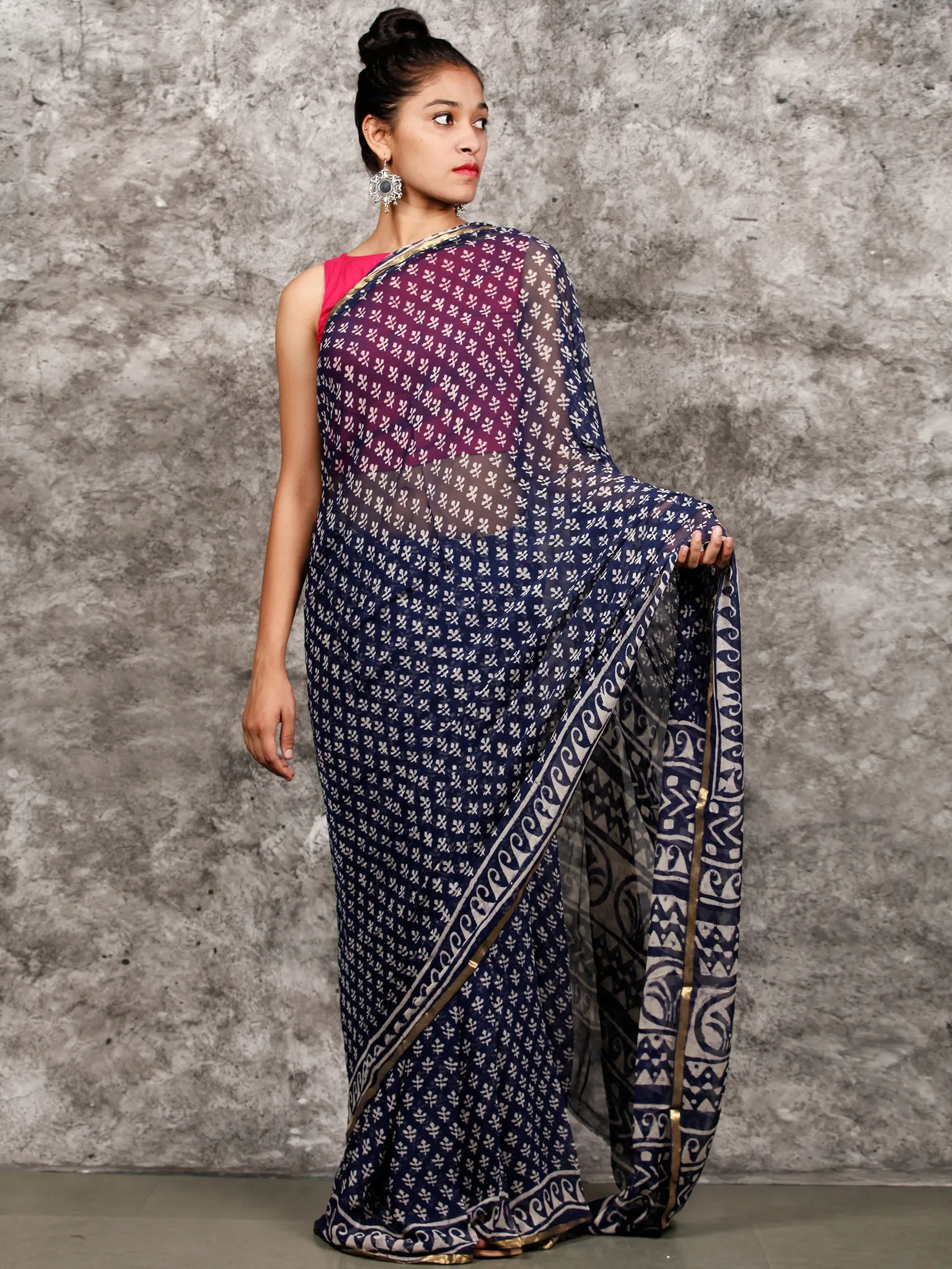 Indigo White Hand Block Printed Chiffon Saree with Zari Border - S031703164