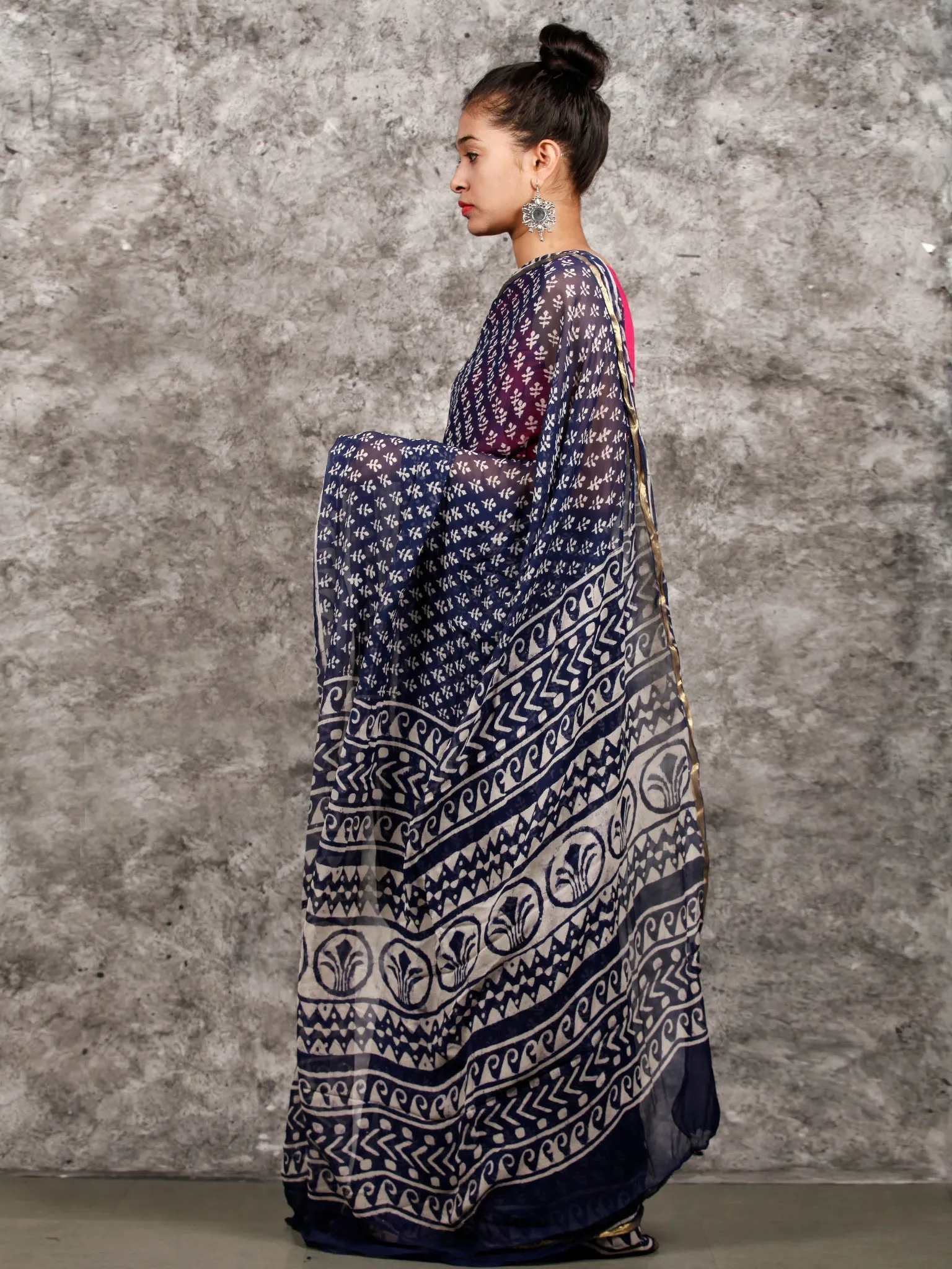 Indigo White Hand Block Printed Chiffon Saree with Zari Border - S031703164