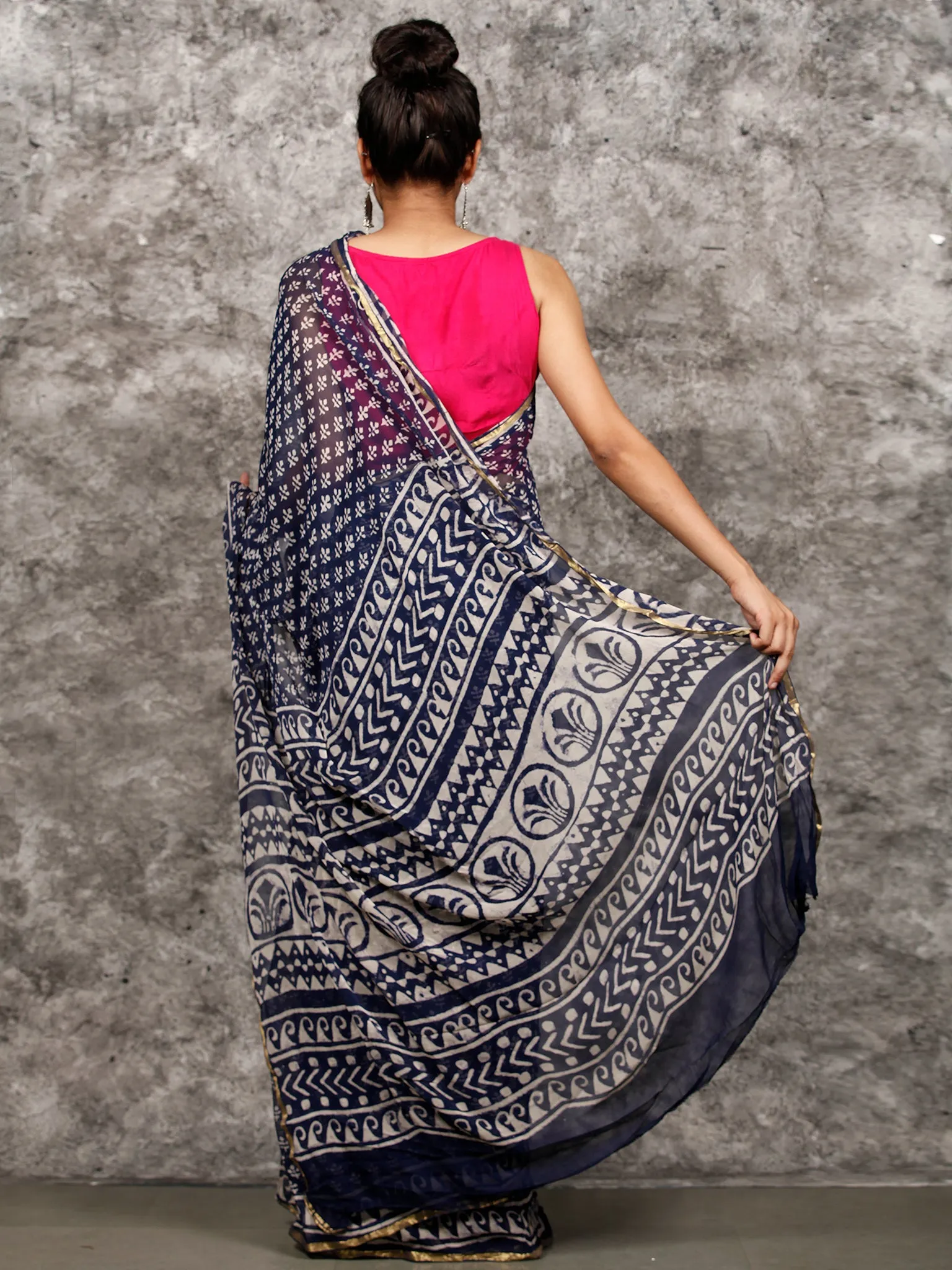 Indigo White Hand Block Printed Chiffon Saree with Zari Border - S031703164