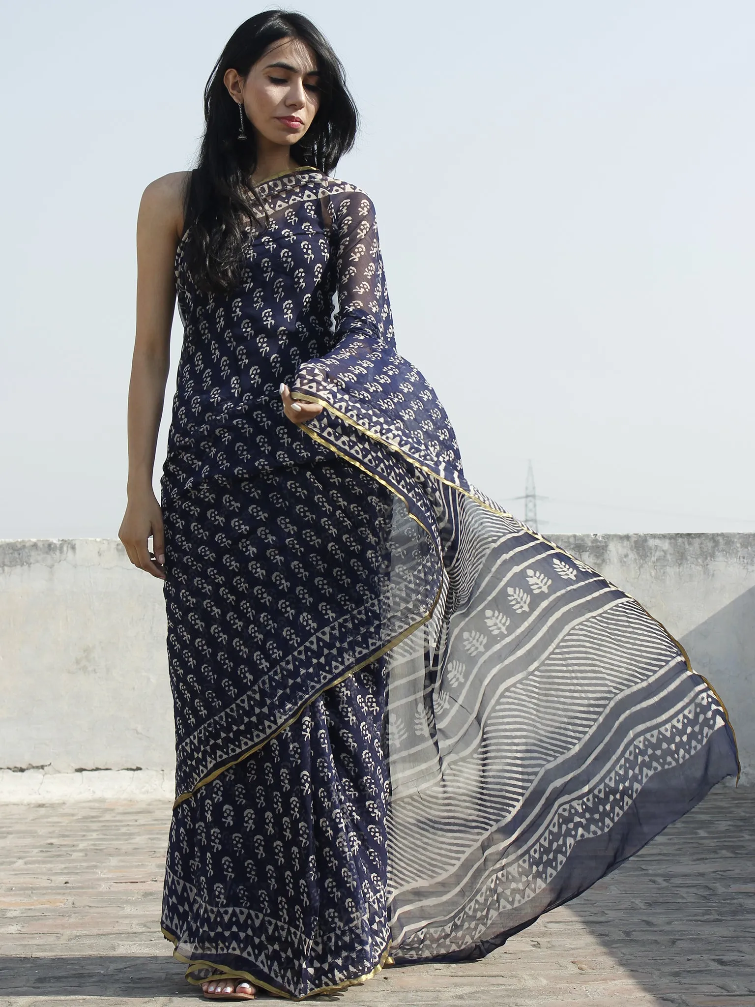 Indigo White Ivory Hand Block Printed Chiffon Saree - S031702326