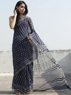 Indigo White Ivory Hand Block Printed Chiffon Saree - S031702326