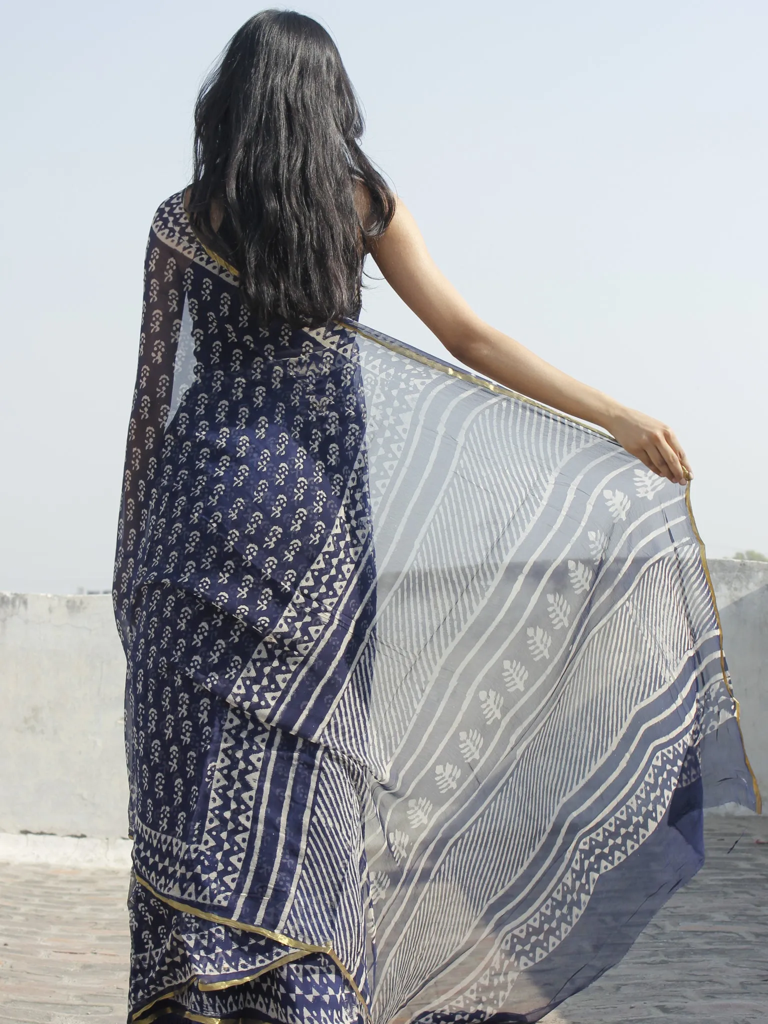 Indigo White Ivory Hand Block Printed Chiffon Saree - S031702326