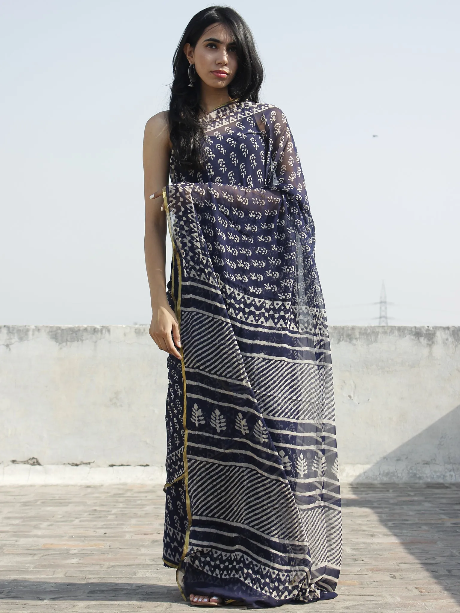 Indigo White Ivory Hand Block Printed Chiffon Saree - S031702326