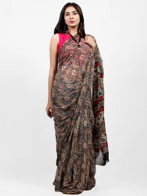 Ivory Indigo Red Black Hand Block Printed Chiffon Saree with Zari Border - S031703235