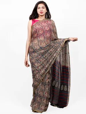 Ivory Indigo Red Hand Block Printed Chiffon Saree with Zari Border - S031703273