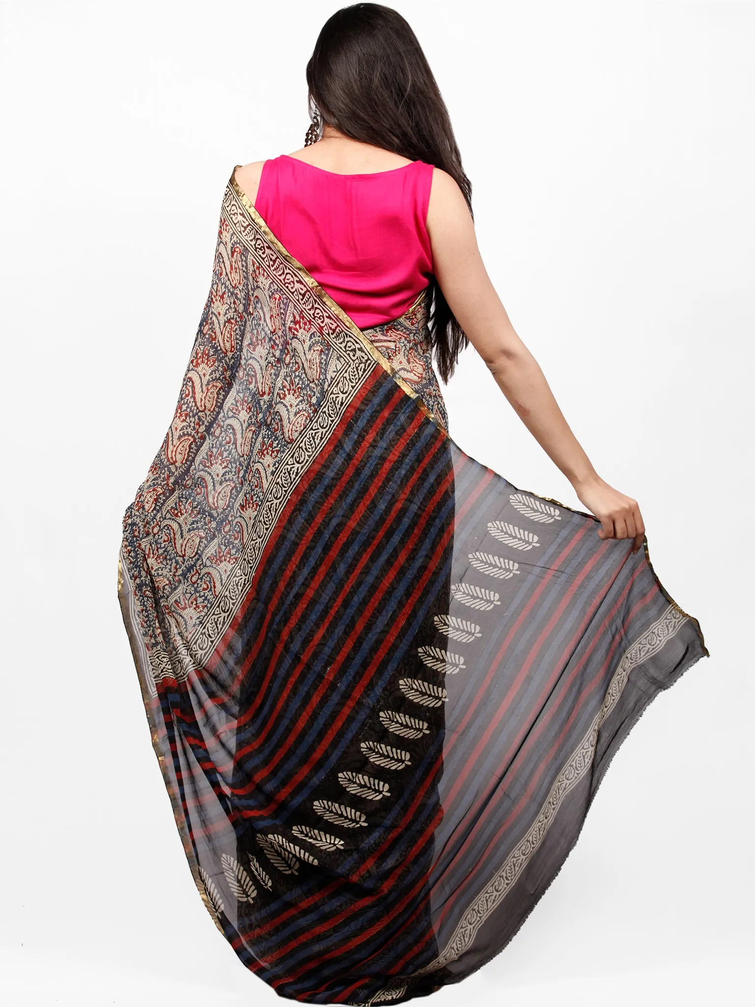 Ivory Indigo Red Hand Block Printed Chiffon Saree with Zari Border - S031703273