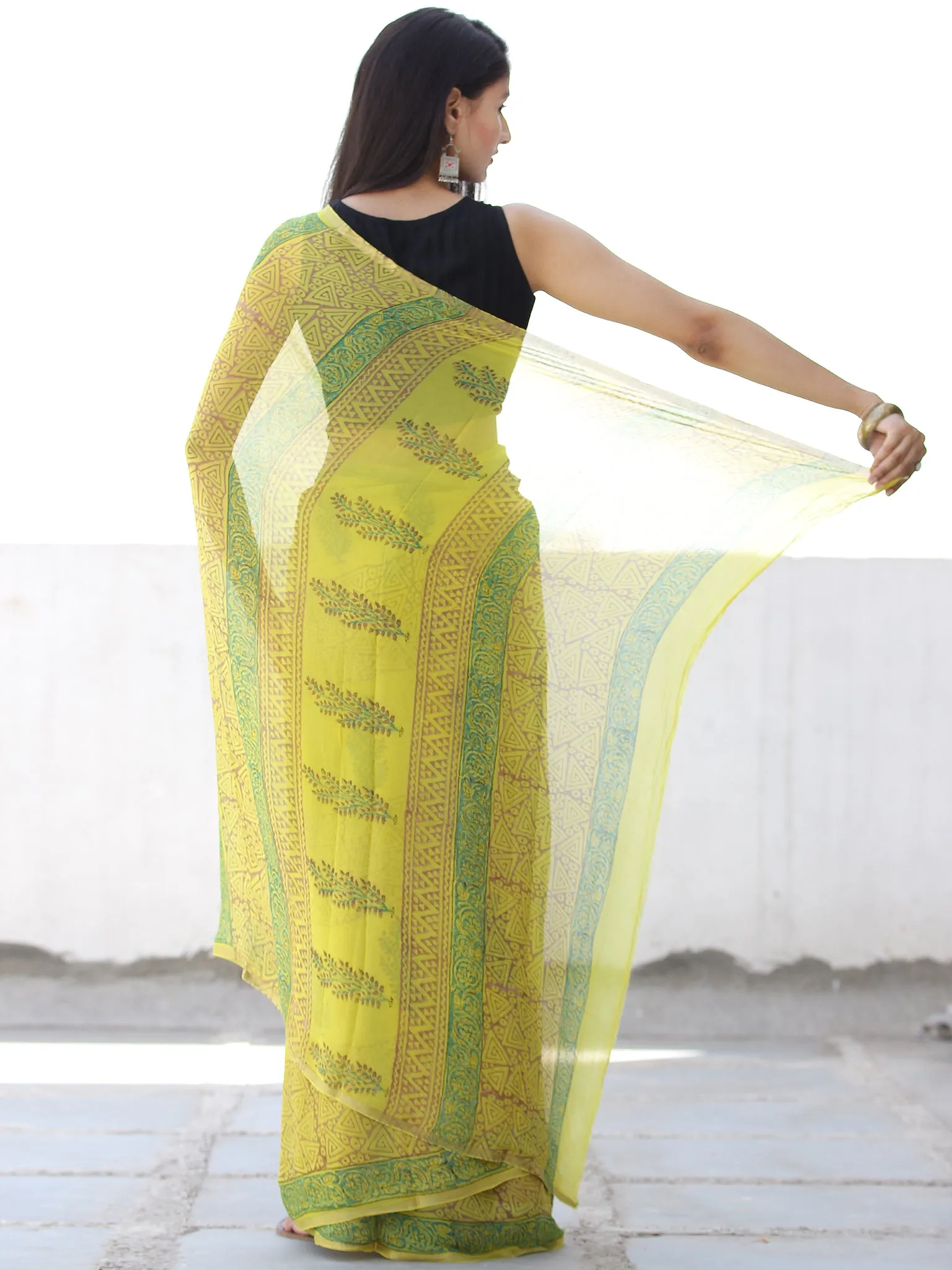 Lemon Yellow Green Hand Block Printed Chiffon Saree with Zari Border - S031703953