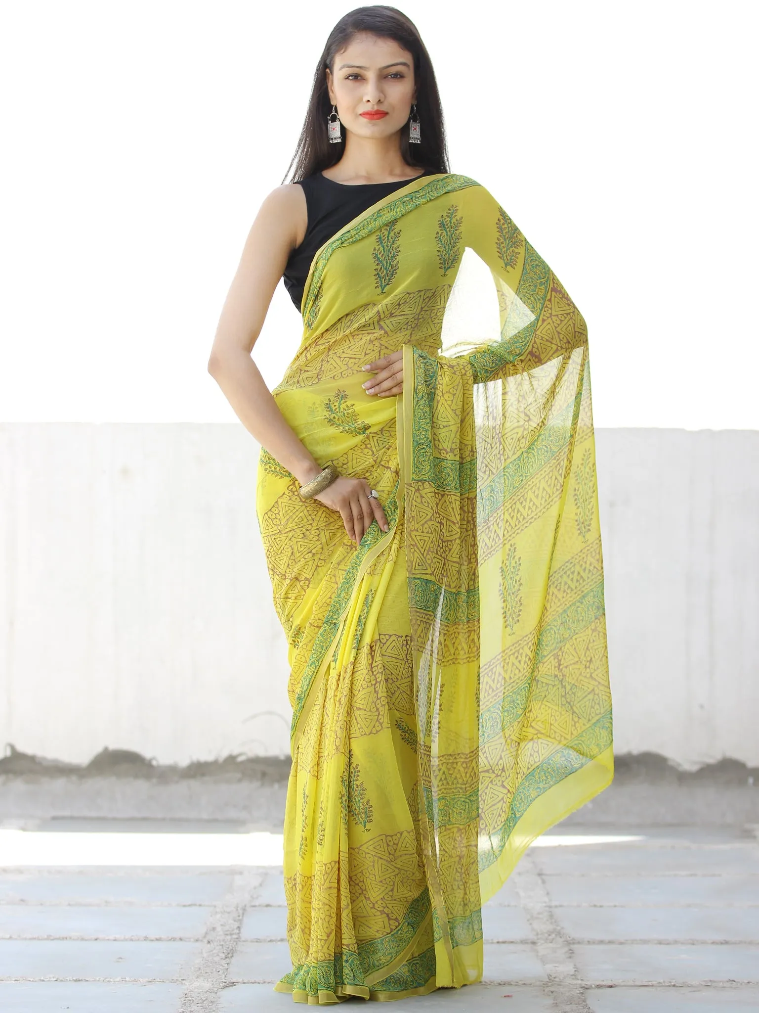 Lemon Yellow Green Hand Block Printed Chiffon Saree with Zari Border - S031703953