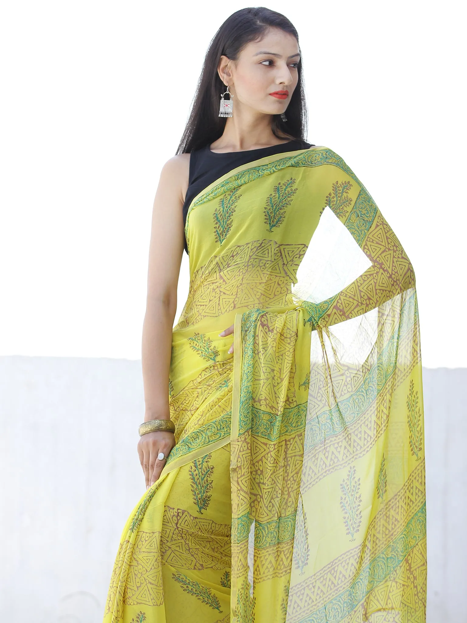 Lemon Yellow Green Hand Block Printed Chiffon Saree with Zari Border - S031703953