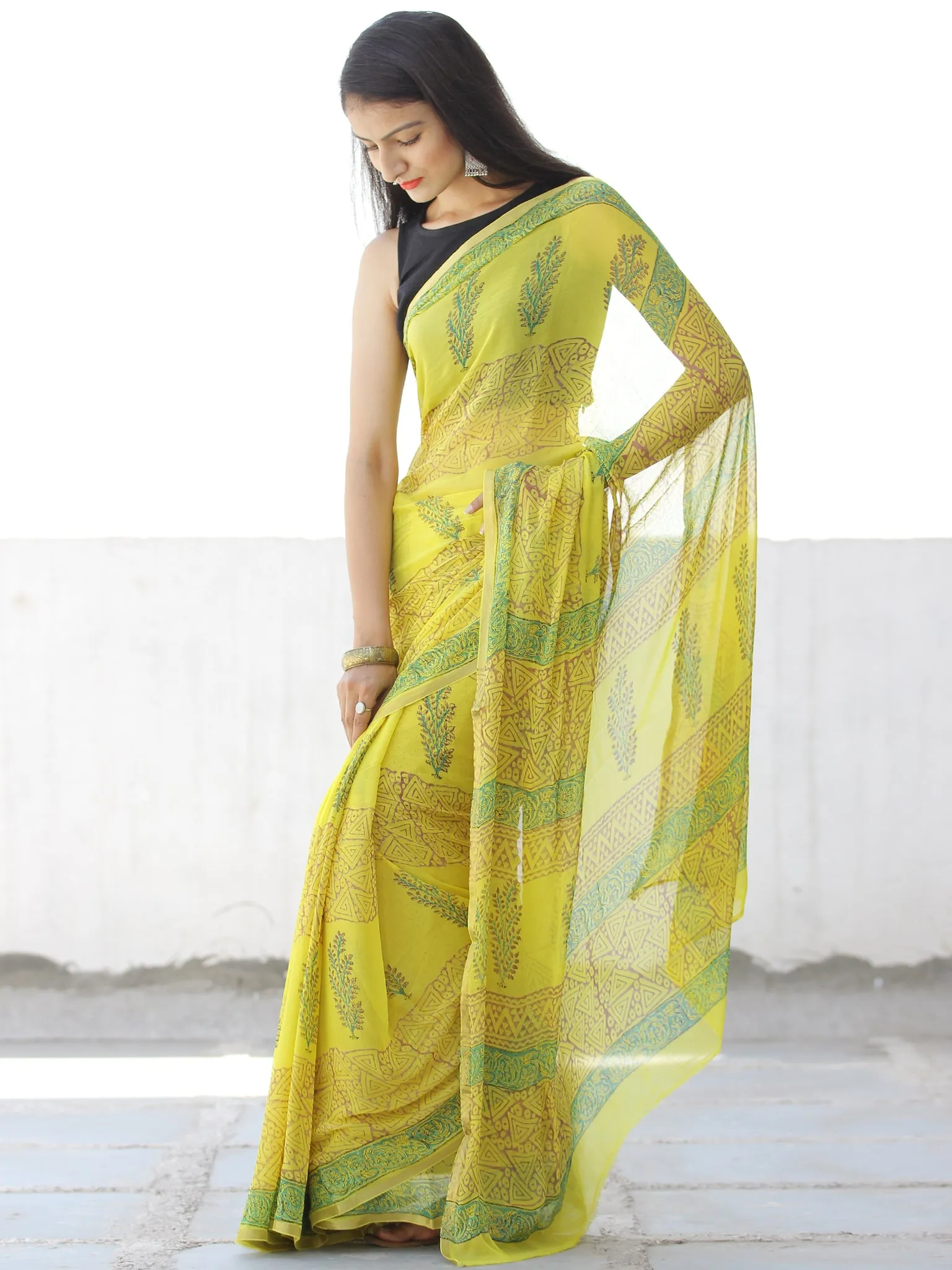 Lemon Yellow Green Hand Block Printed Chiffon Saree with Zari Border - S031703953