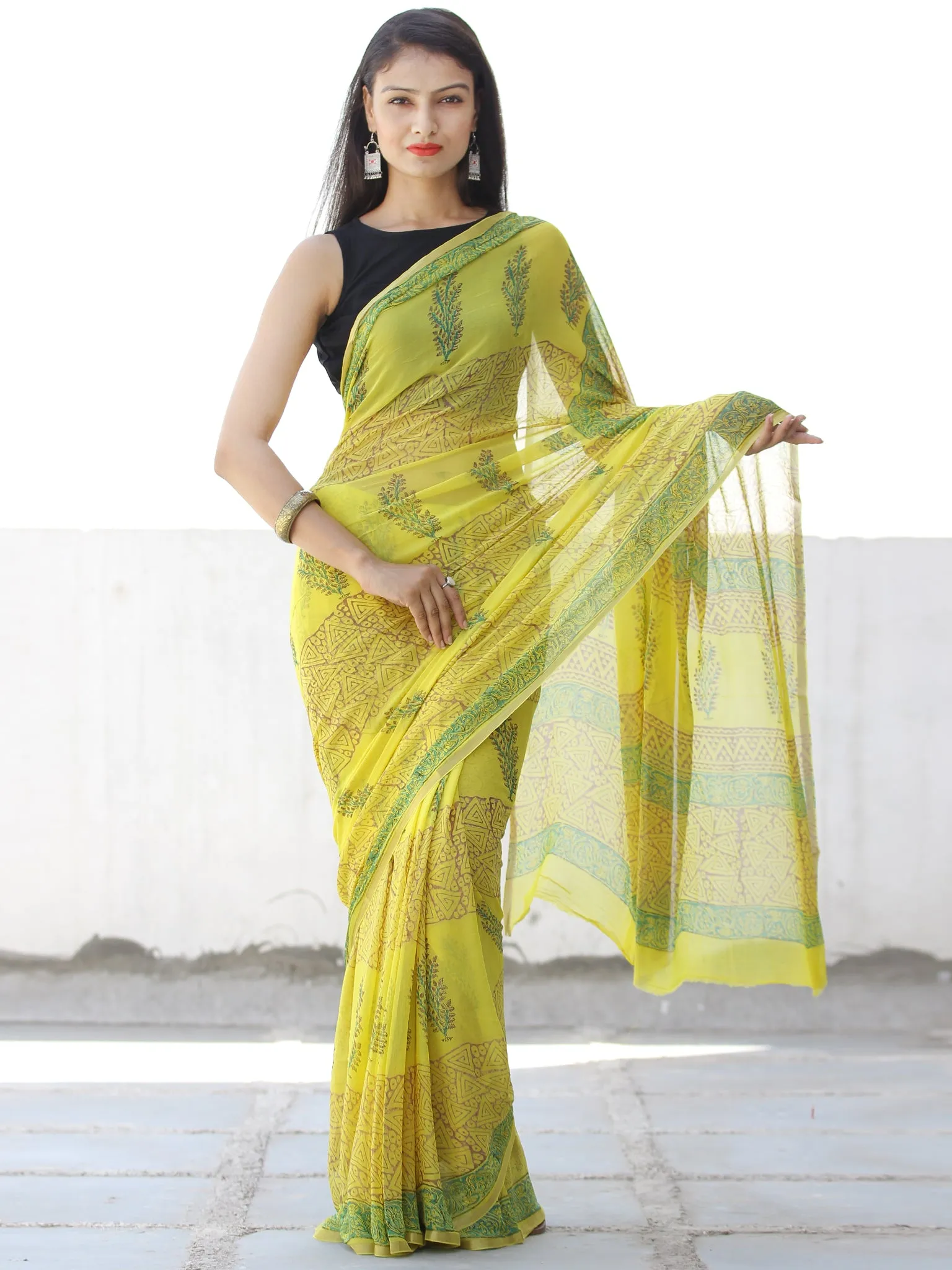 Lemon Yellow Green Hand Block Printed Chiffon Saree with Zari Border - S031703953