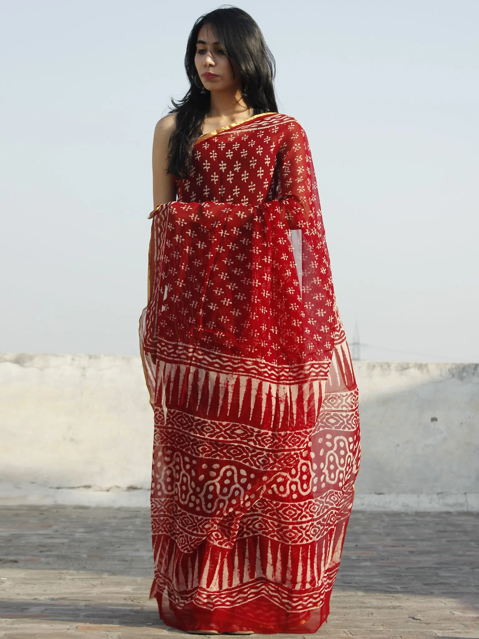 Maroon Ivory Hand Block Printed Chiffon Saree - S031702334