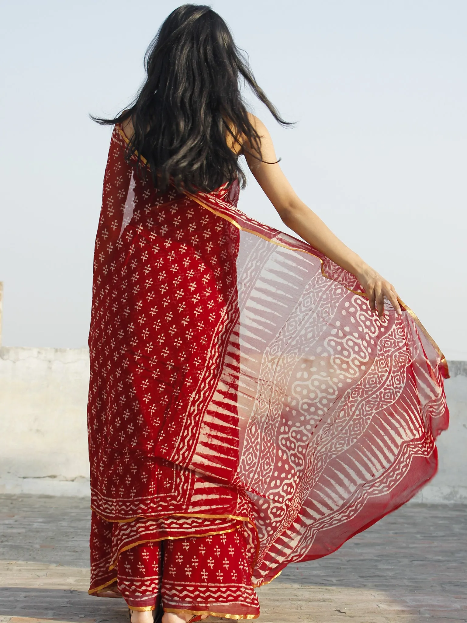 Maroon Ivory Hand Block Printed Chiffon Saree - S031702334