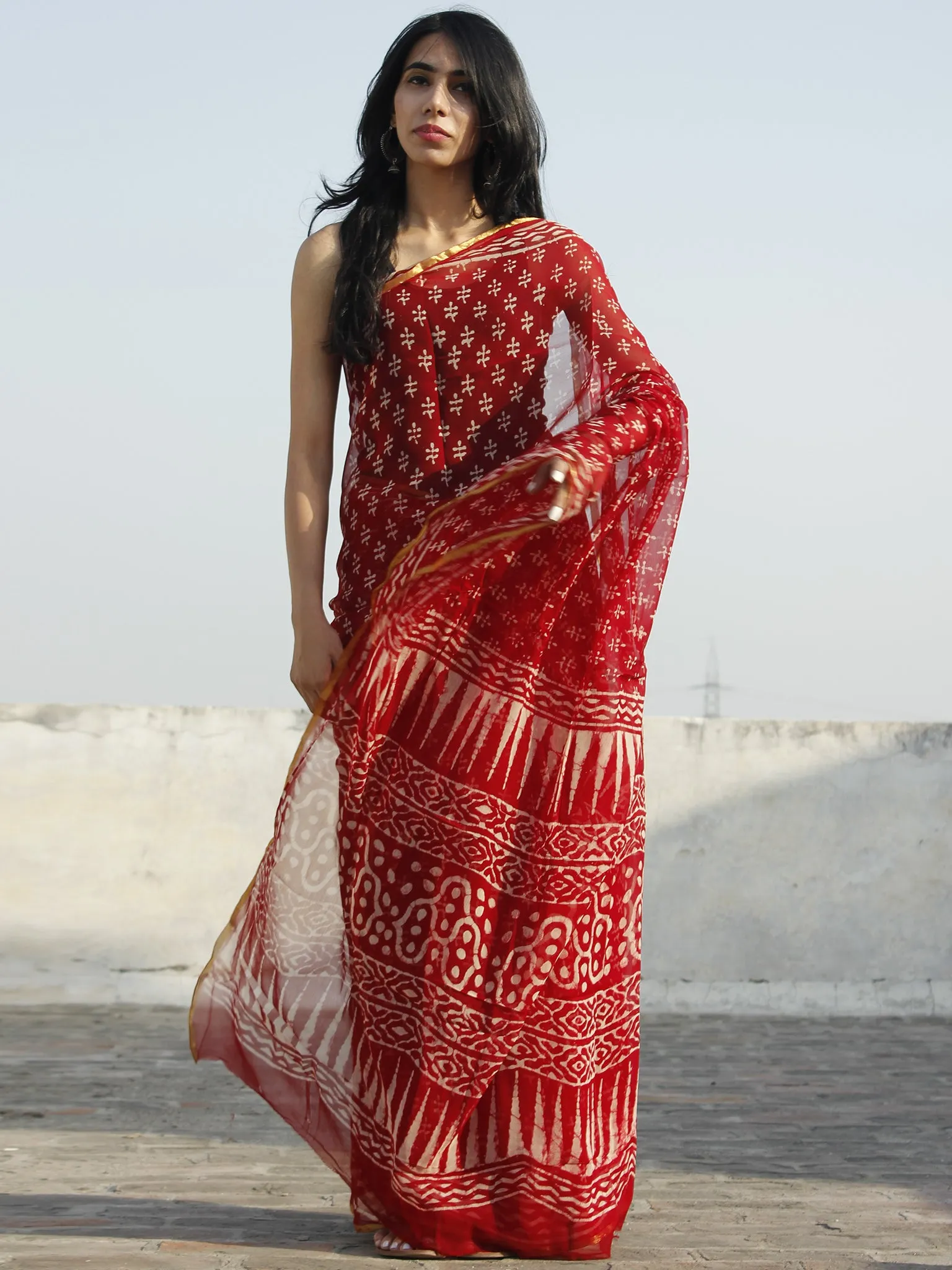 Maroon Ivory Hand Block Printed Chiffon Saree - S031702334