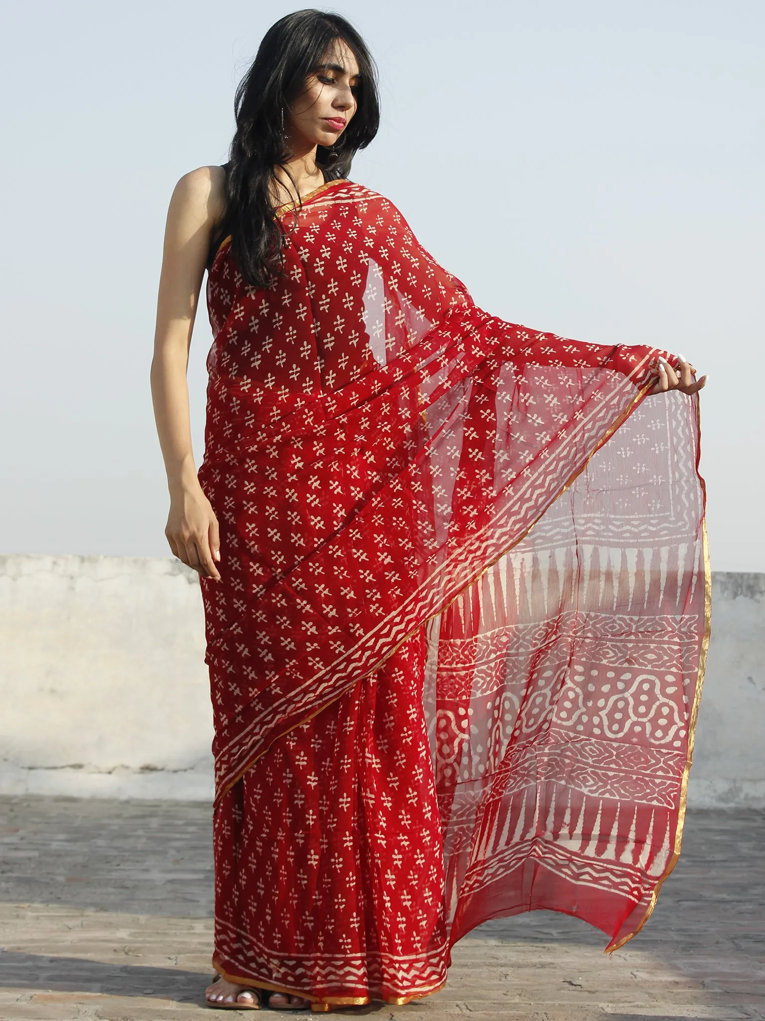 Maroon Ivory Hand Block Printed Chiffon Saree - S031702334