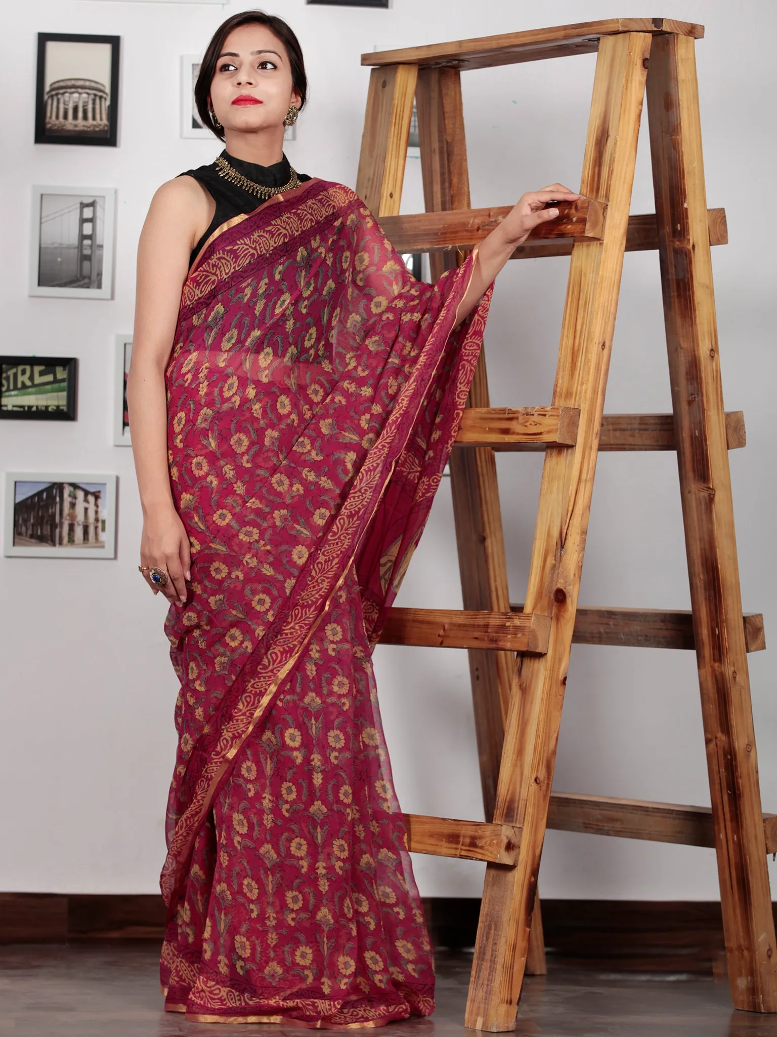 Maroon Yellow Green Hand Block Printed Chiffon Saree with Zari Border - S031702744