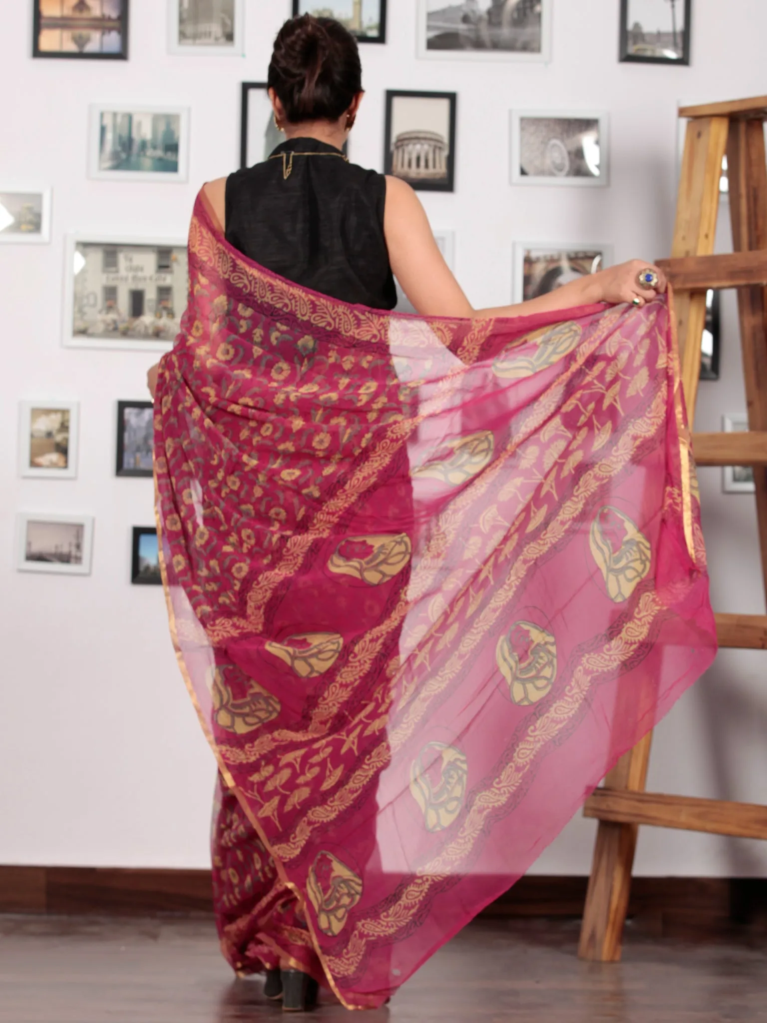 Maroon Yellow Green Hand Block Printed Chiffon Saree with Zari Border - S031702744