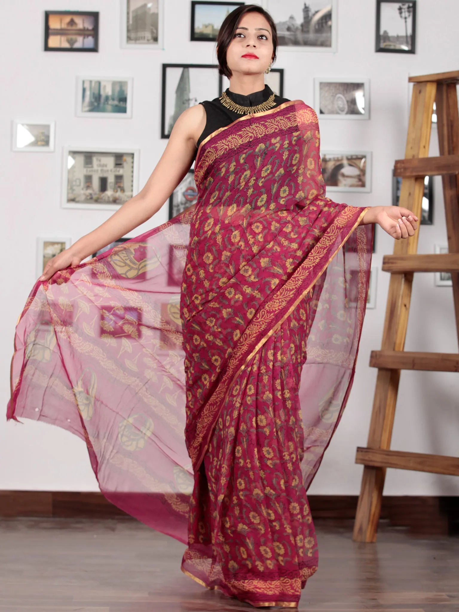 Maroon Yellow Green Hand Block Printed Chiffon Saree with Zari Border - S031702744