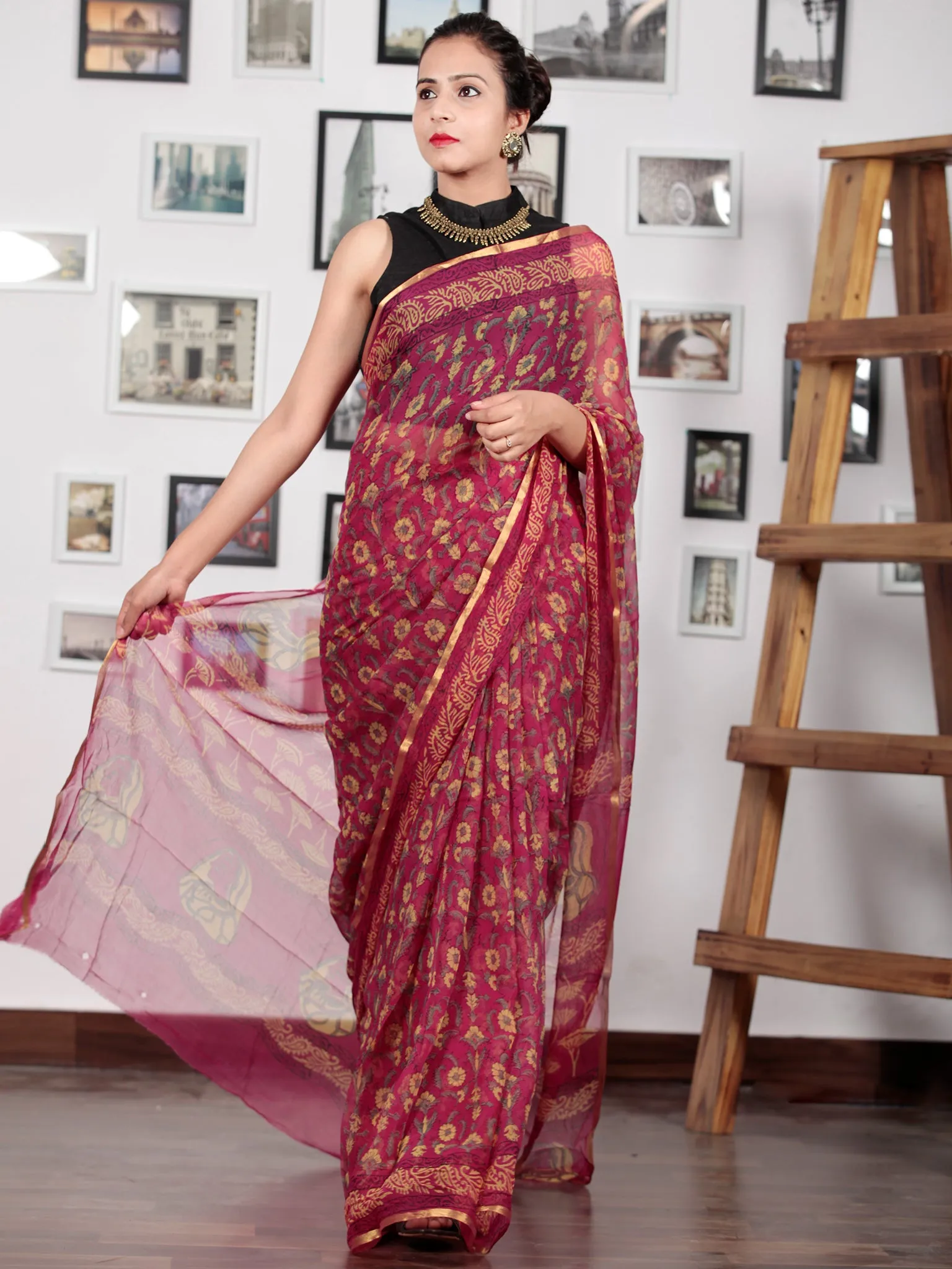 Maroon Yellow Green Hand Block Printed Chiffon Saree with Zari Border - S031702744