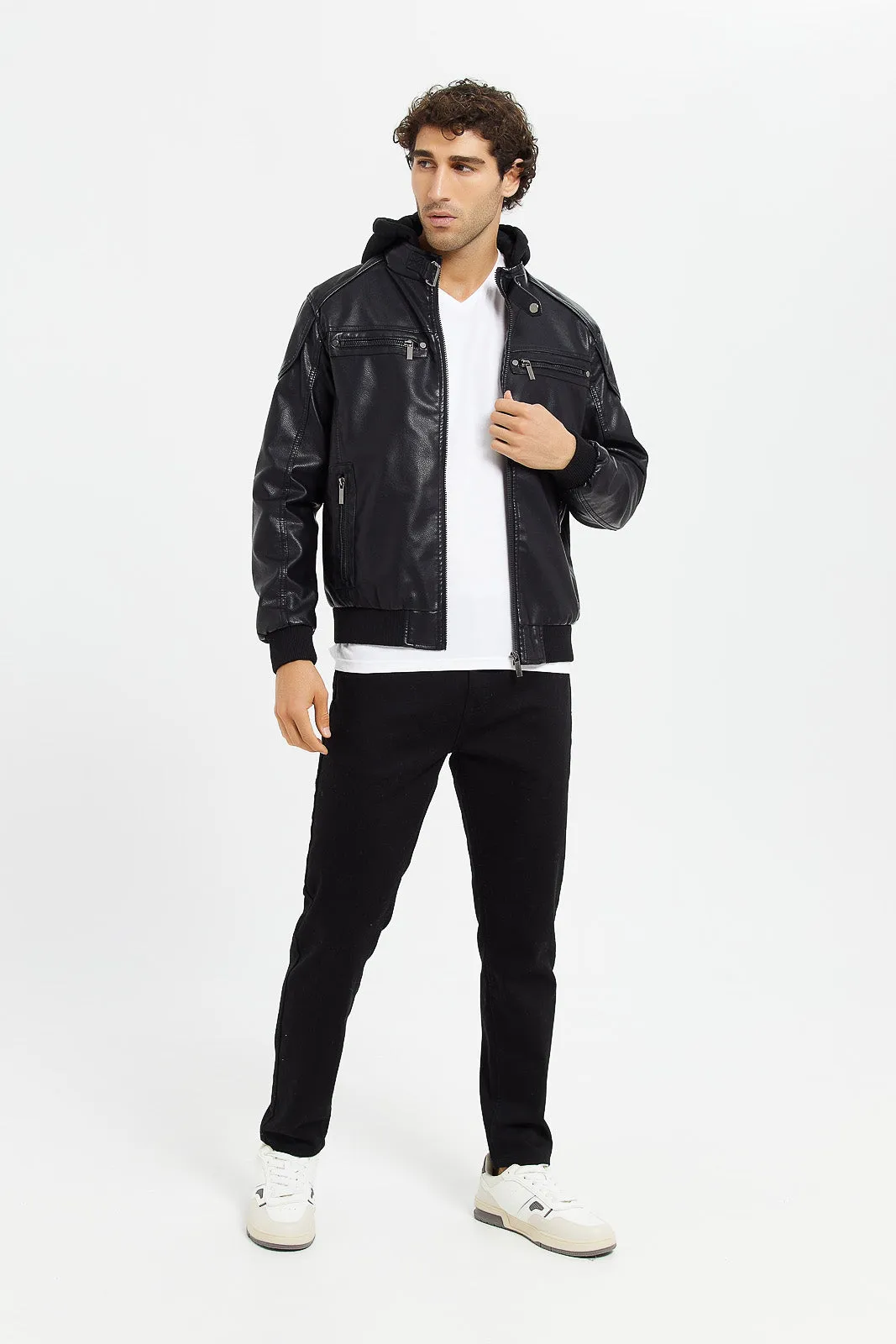 Men Black Hooded Biker Jacket