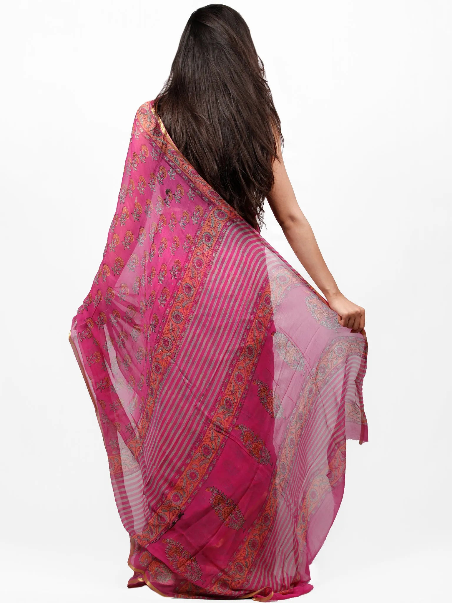 Mergenta Green Hand Block Printed Chiffon Saree with Zari Border - S031703295