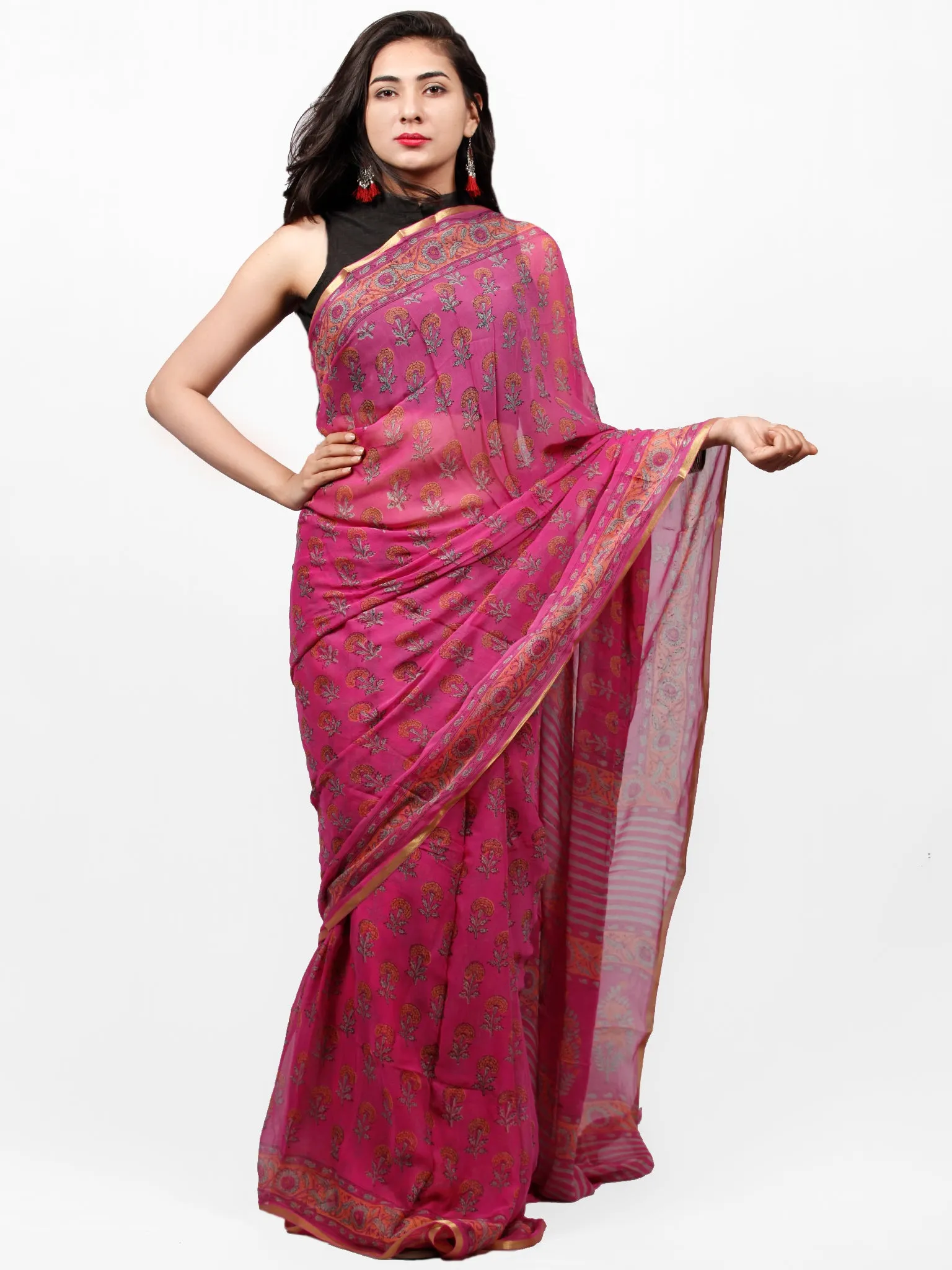 Mergenta Green Hand Block Printed Chiffon Saree with Zari Border - S031703295