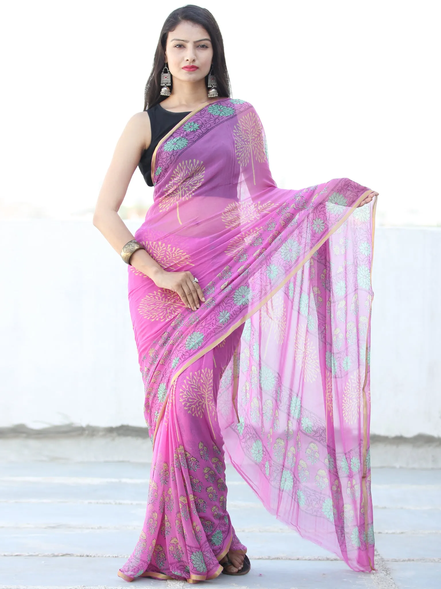 Onion Pink Yellow Hand Block Printed Chiffon Saree with Zari Border - S031703943