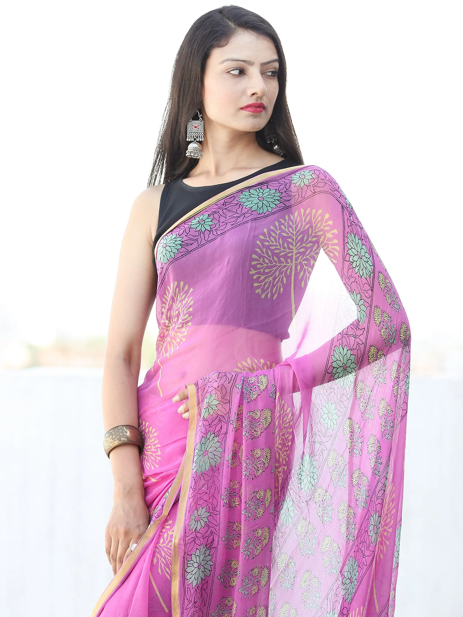 Onion Pink Yellow Hand Block Printed Chiffon Saree with Zari Border - S031703943