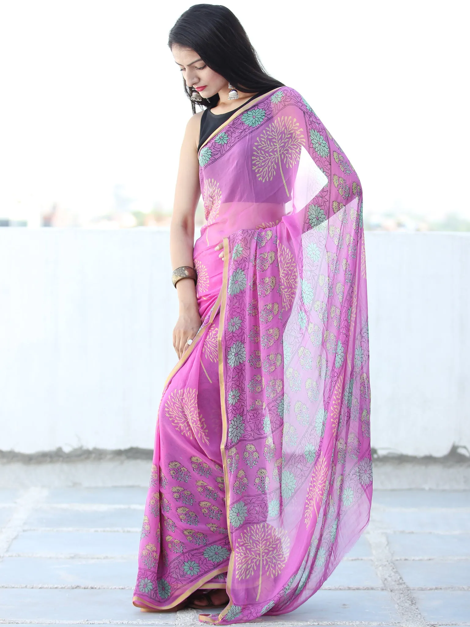 Onion Pink Yellow Hand Block Printed Chiffon Saree with Zari Border - S031703943