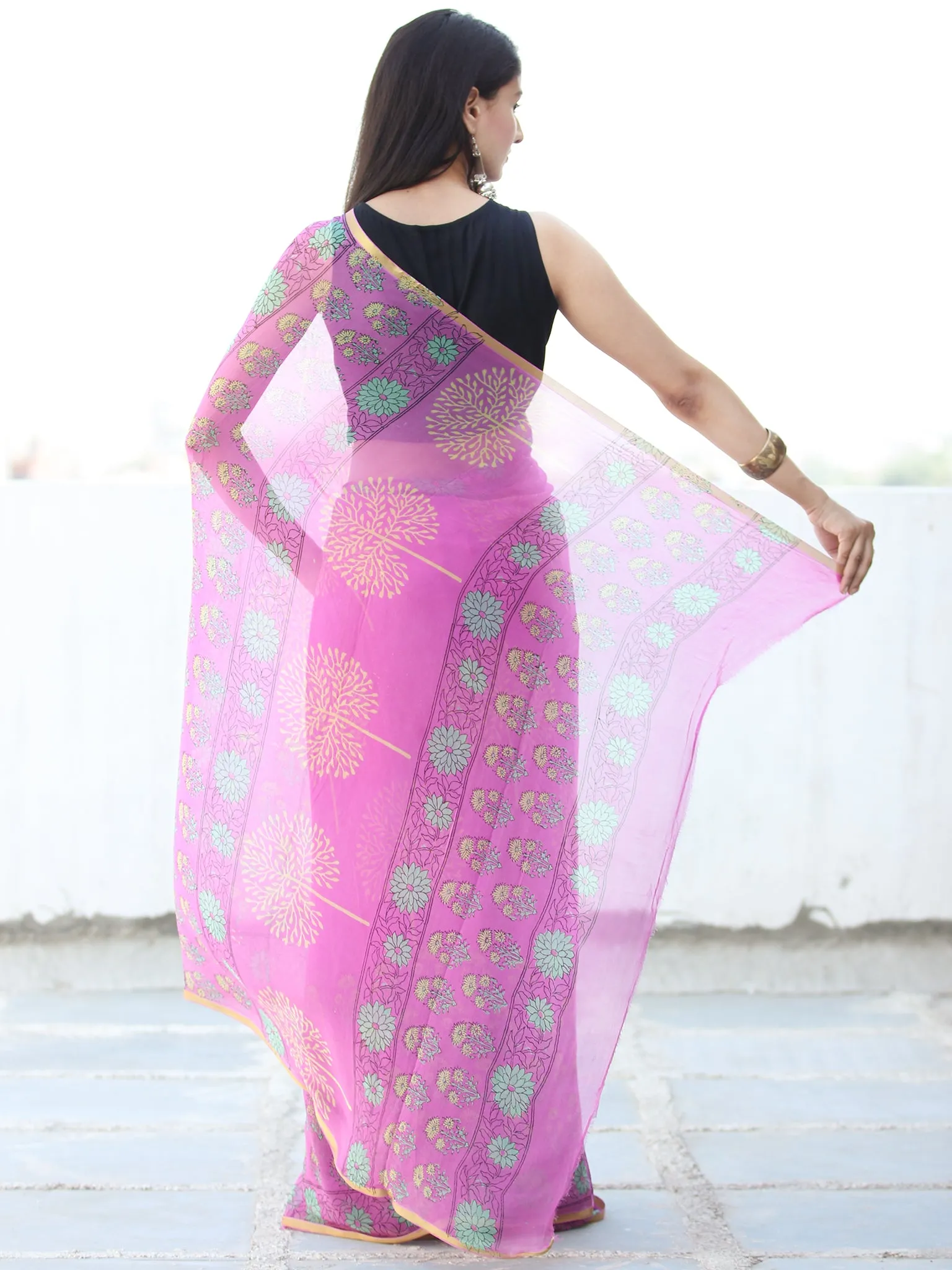 Onion Pink Yellow Hand Block Printed Chiffon Saree with Zari Border - S031703943