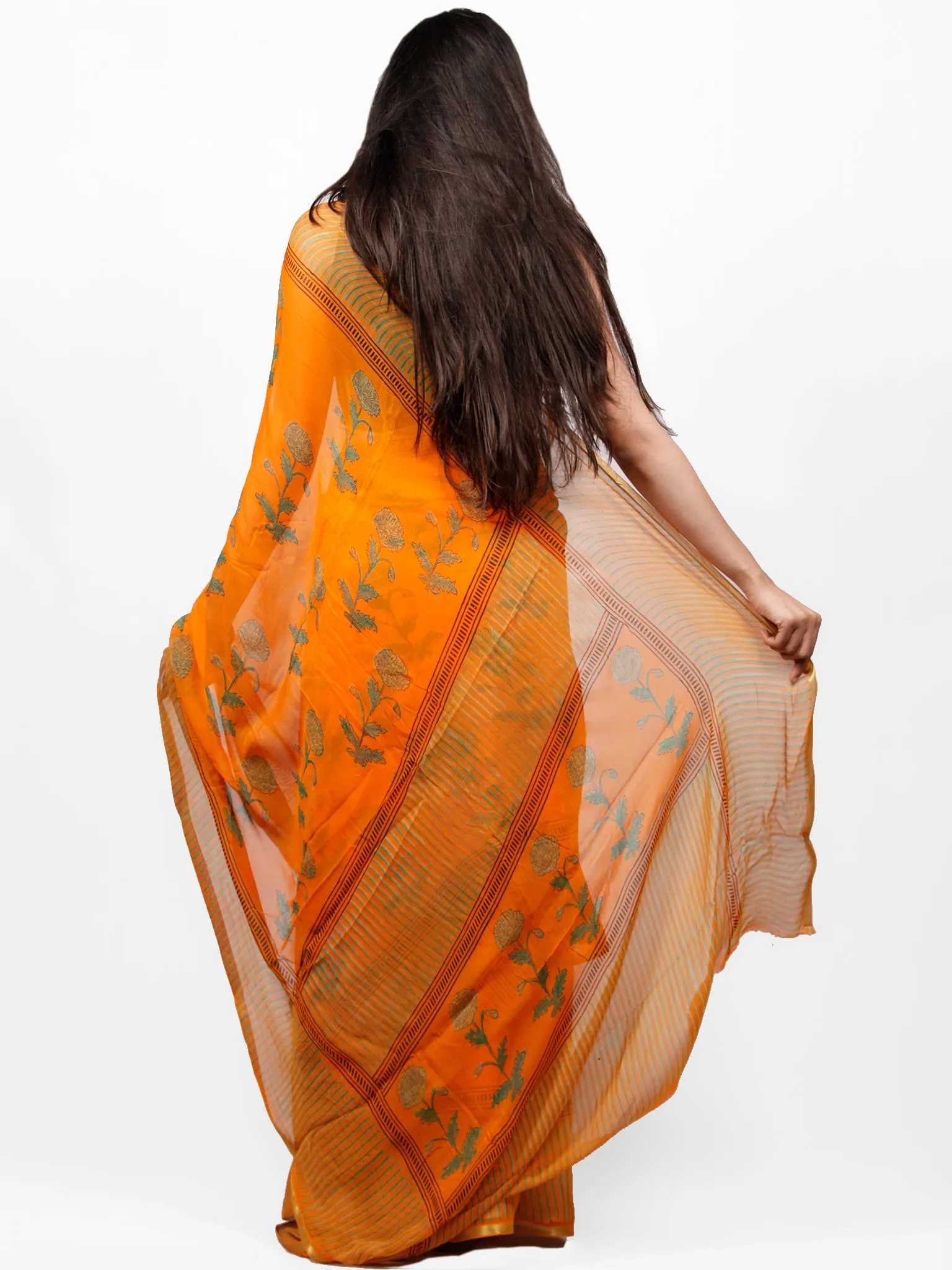 Orange Green Hand Block Printed Chiffon Saree with Zari Border - S031703290