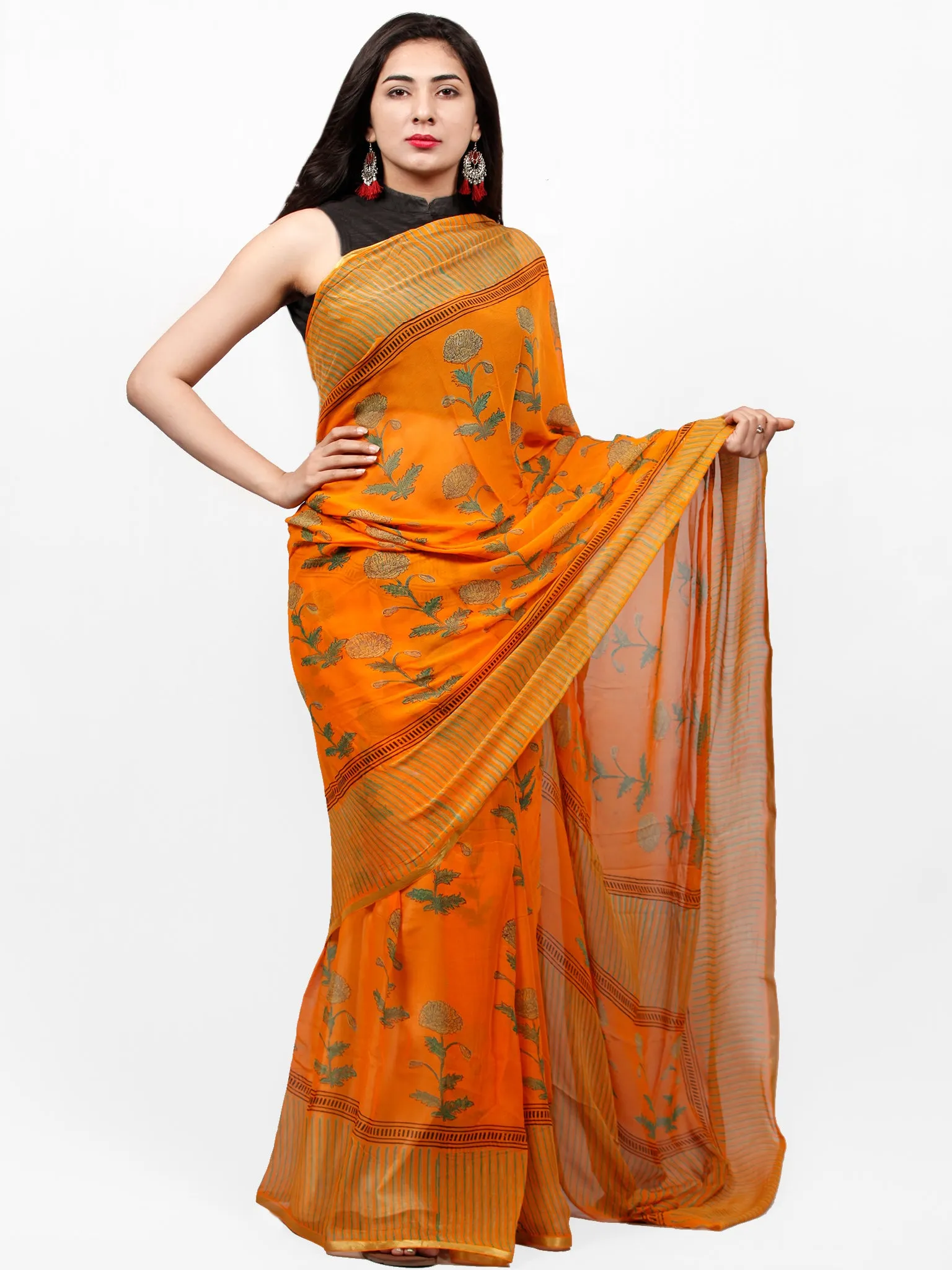 Orange Green Hand Block Printed Chiffon Saree with Zari Border - S031703290