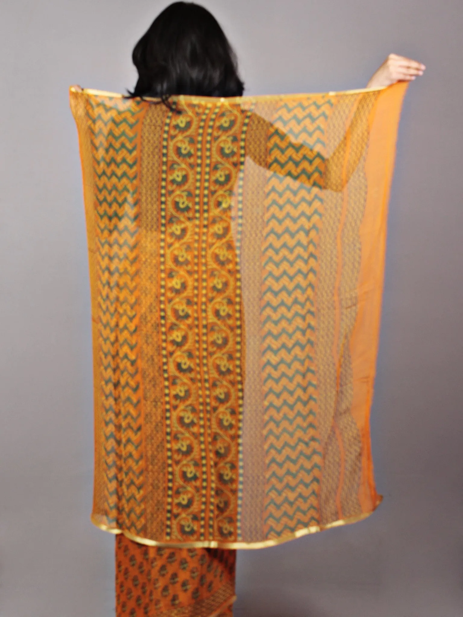 Orange Yellow Hand Block Printed Chiffon Saree - S031701700