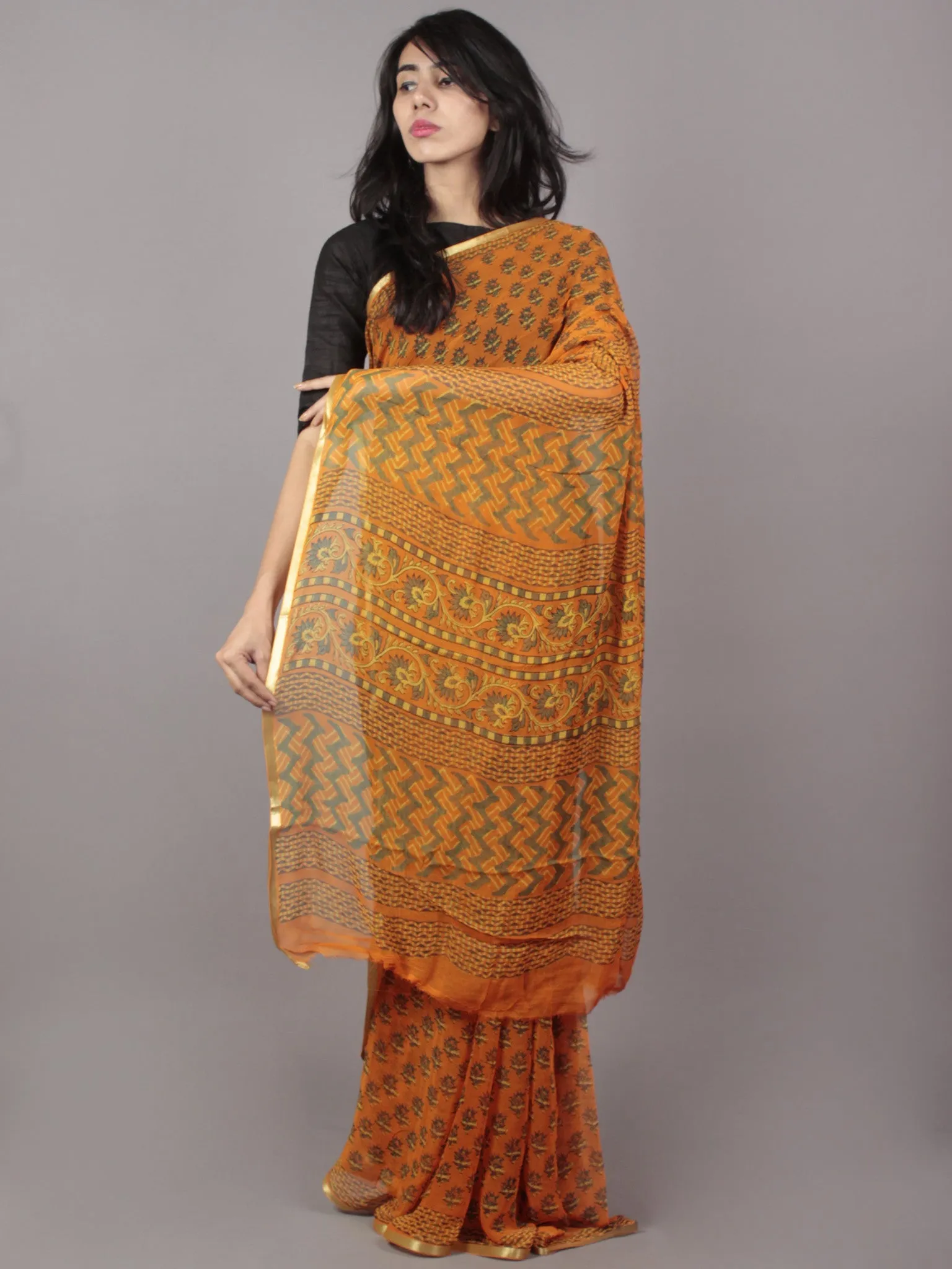 Orange Yellow Hand Block Printed Chiffon Saree - S031701700