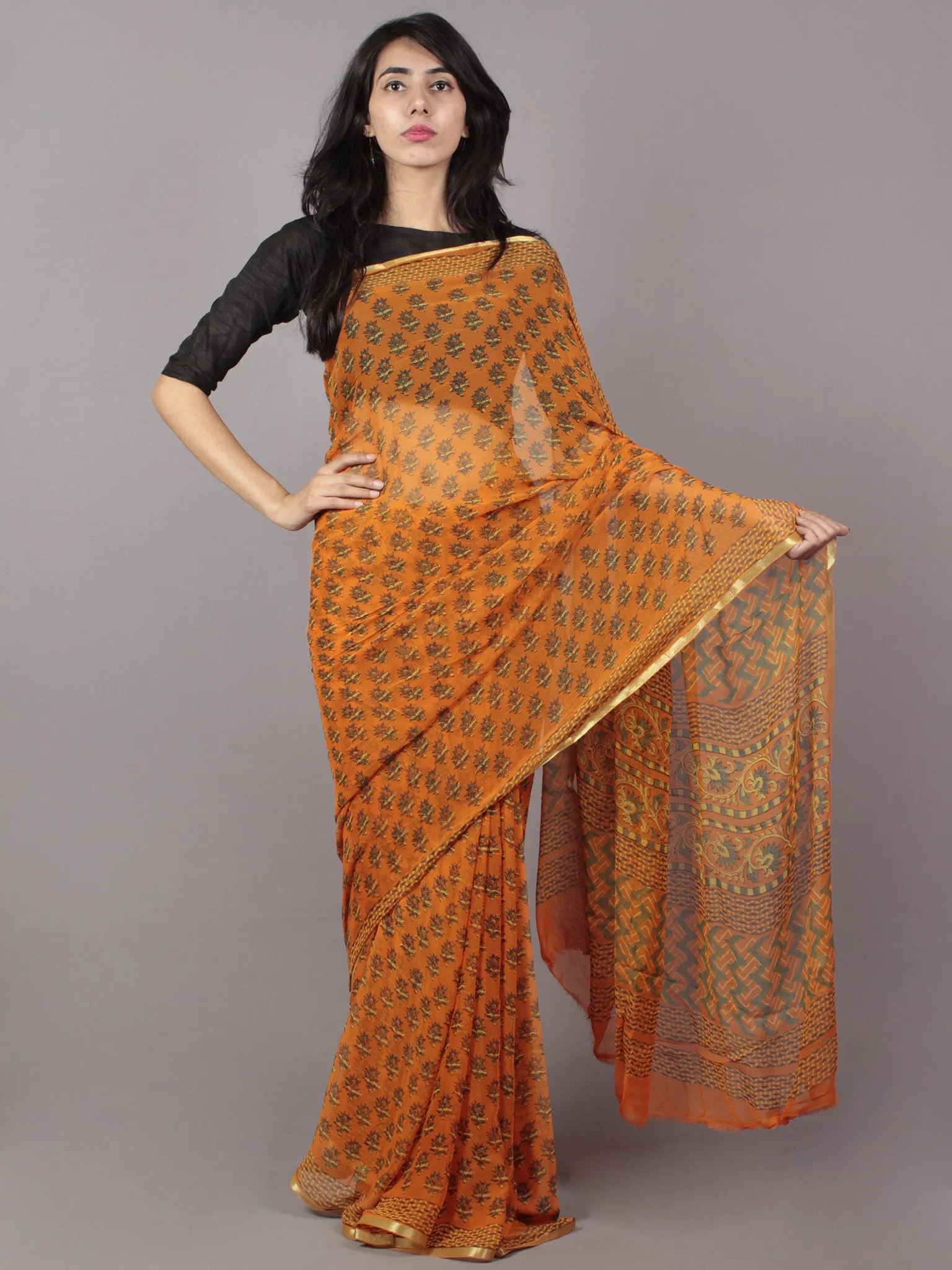 Orange Yellow Hand Block Printed Chiffon Saree - S031701700