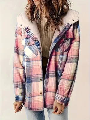 Plaid Snap Down Long Sleeve Hooded Outerwear