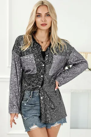 Sequin Button Up Collared Neck Shirt